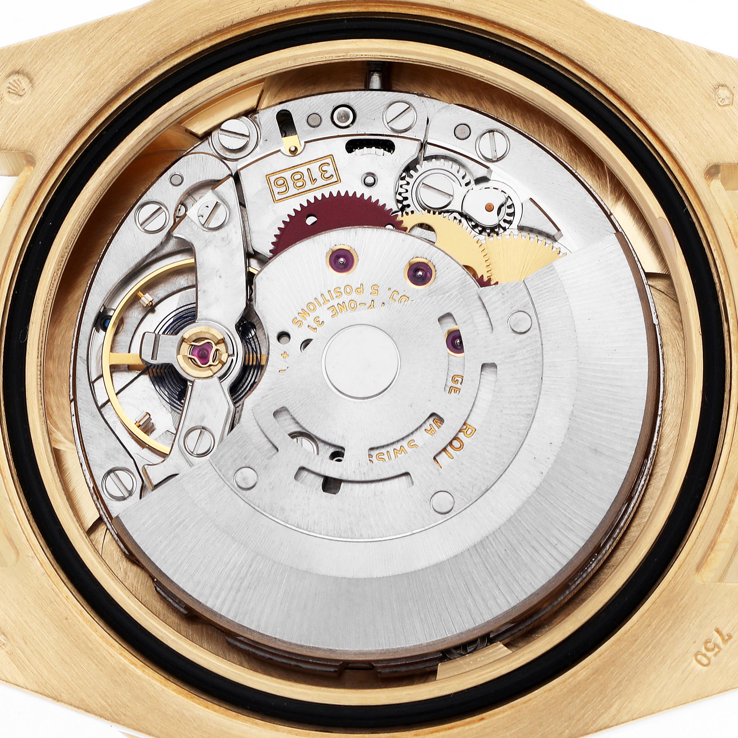 The image shows the internal mechanism of a Rolex GMT-Master 116748 Men's Yellow Gold Black Dial 116748 Men's Yellow Gold Black Dial, highlighting the rotor, gears, and intricate components.