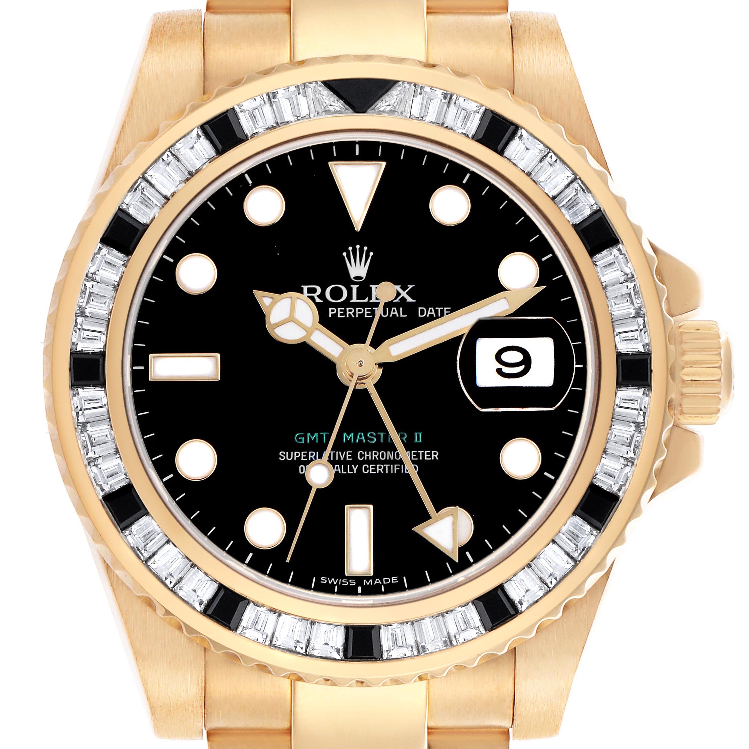 The Rolex GMT-Master 116748 Men's Yellow Gold Black Dial watch is shown from the front, highlighting the bezel, dial, indices, and date window.
