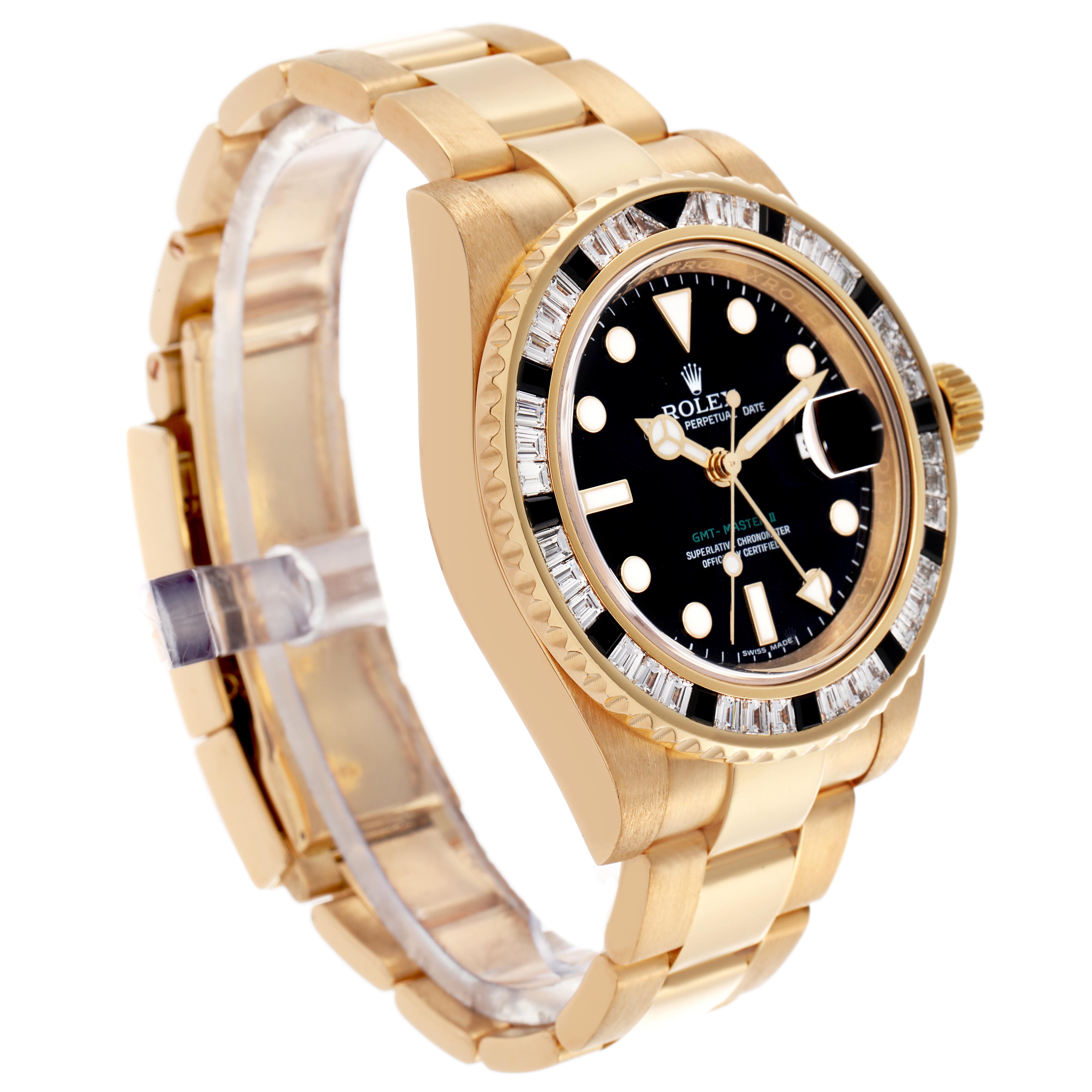 The Rolex GMT-Master 116748 Men's Yellow Gold Black Dial 116748 Men's Yellow Gold Black Dial watch is shown at a three-quarter angle, displaying the face, bezel, crown, and bracelet.