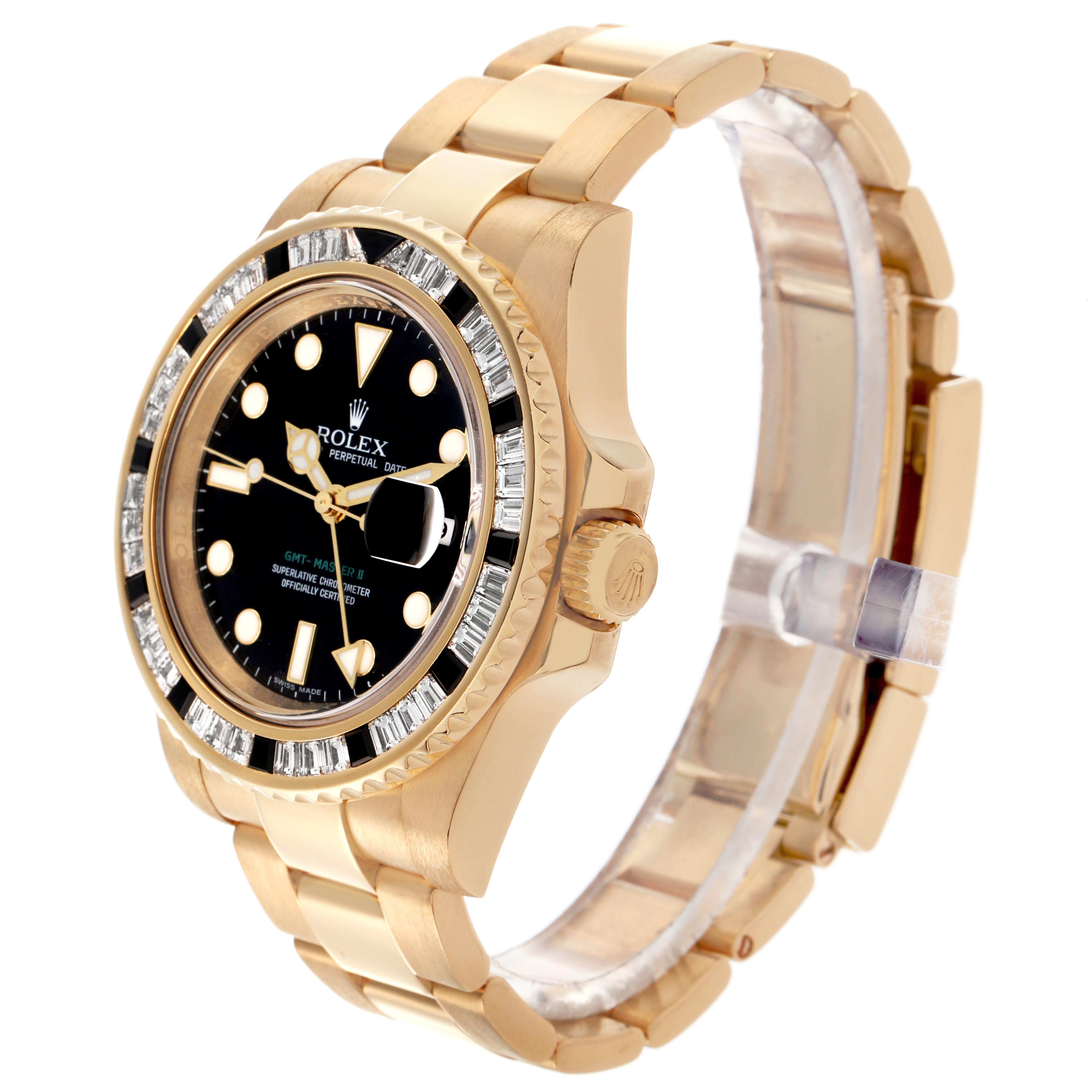The Rolex GMT-Master 116748 Men's Yellow Gold Black Dial watch is shown at a three-quarter angle, highlighting the bracelet, bezel, crown, and dial.