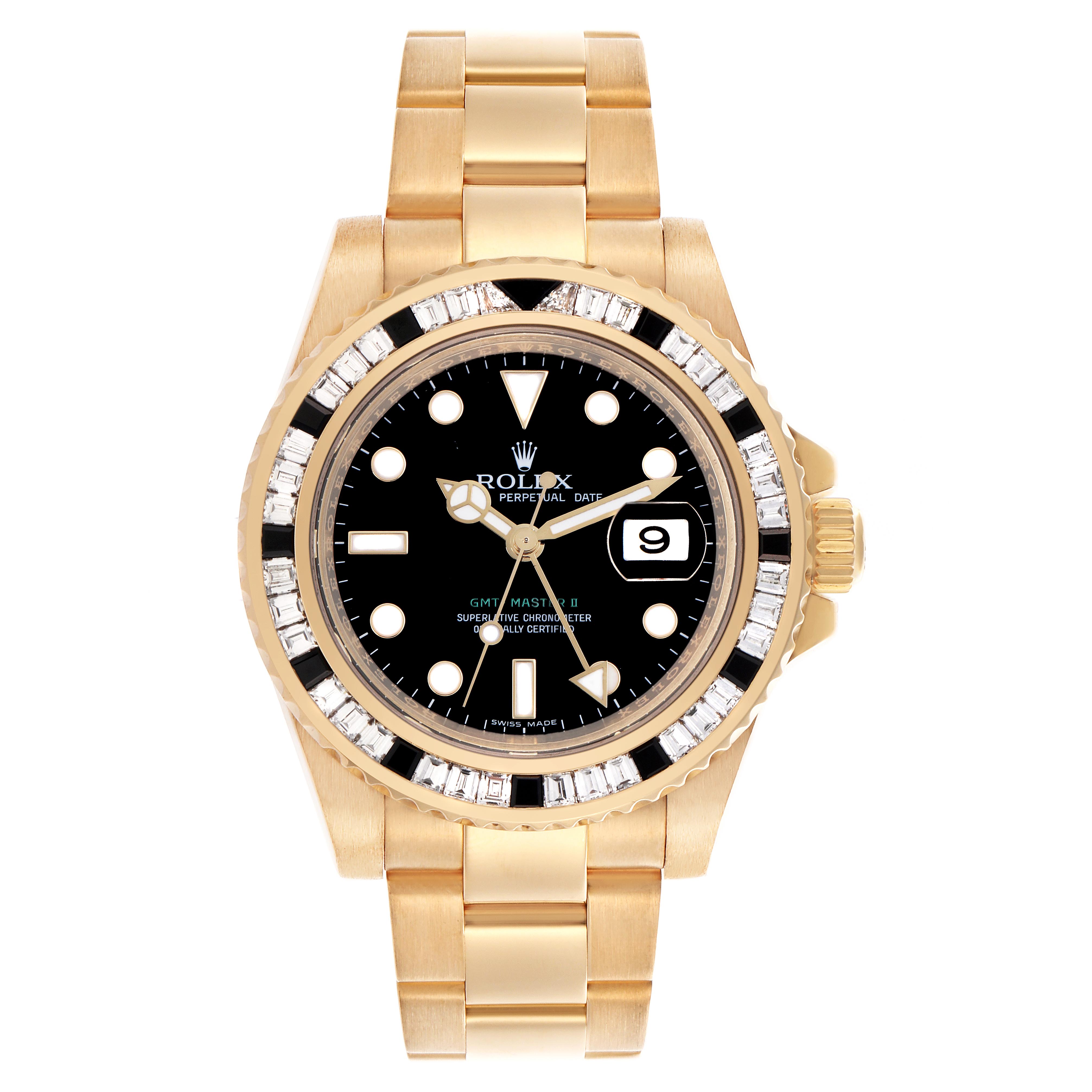 The Rolex GMT-Master 116748 Men's Yellow Gold Black Dial 116748 Men's Yellow Gold Black Dial watch is shown from the front, highlighting its gold bracelet, black dial, and bezel with diamond markers.