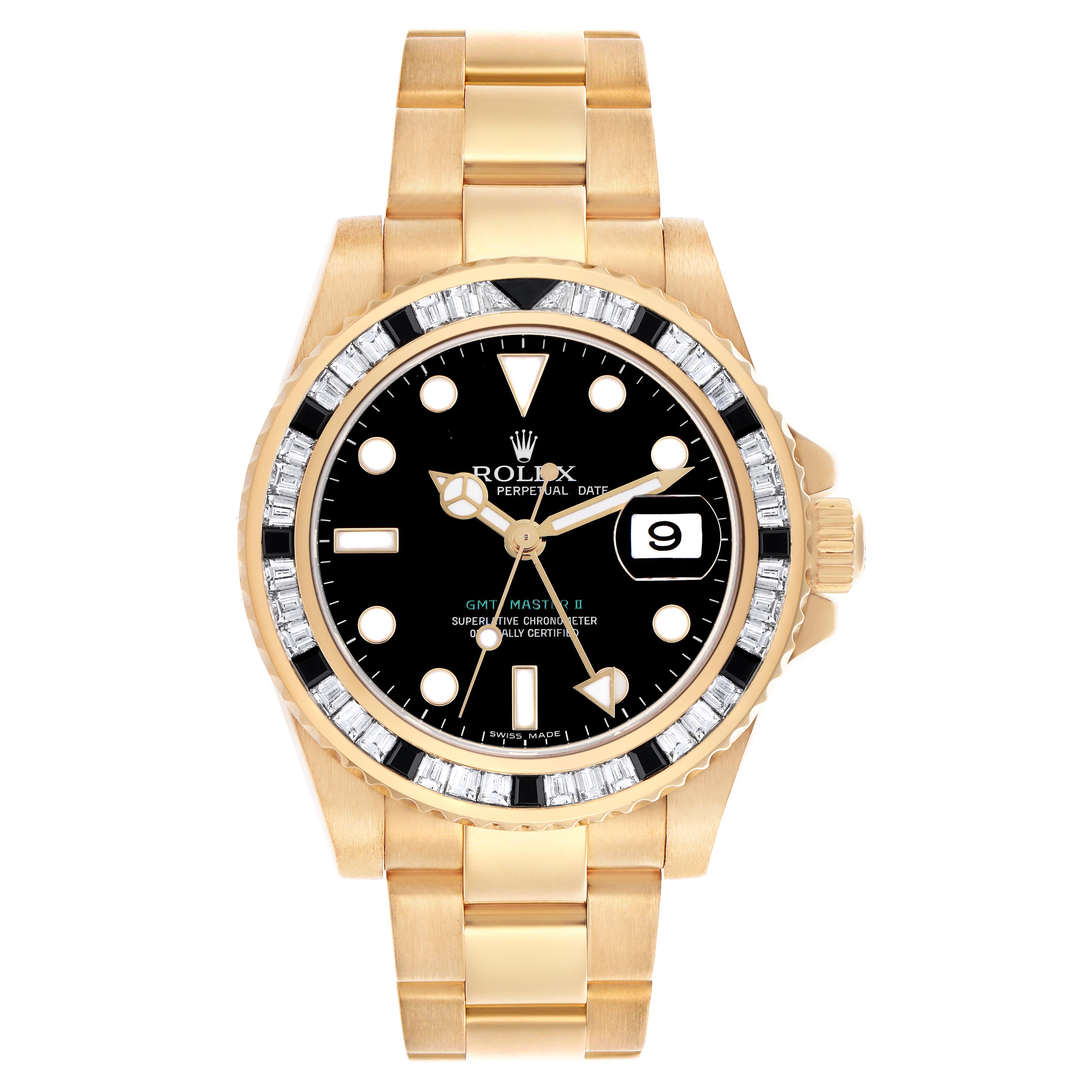 The Rolex GMT-Master 116748 Men's Yellow Gold Black Dial watch is shown from a top-down angle, highlighting the gold bracelet, black dial, and gemstone bezel.