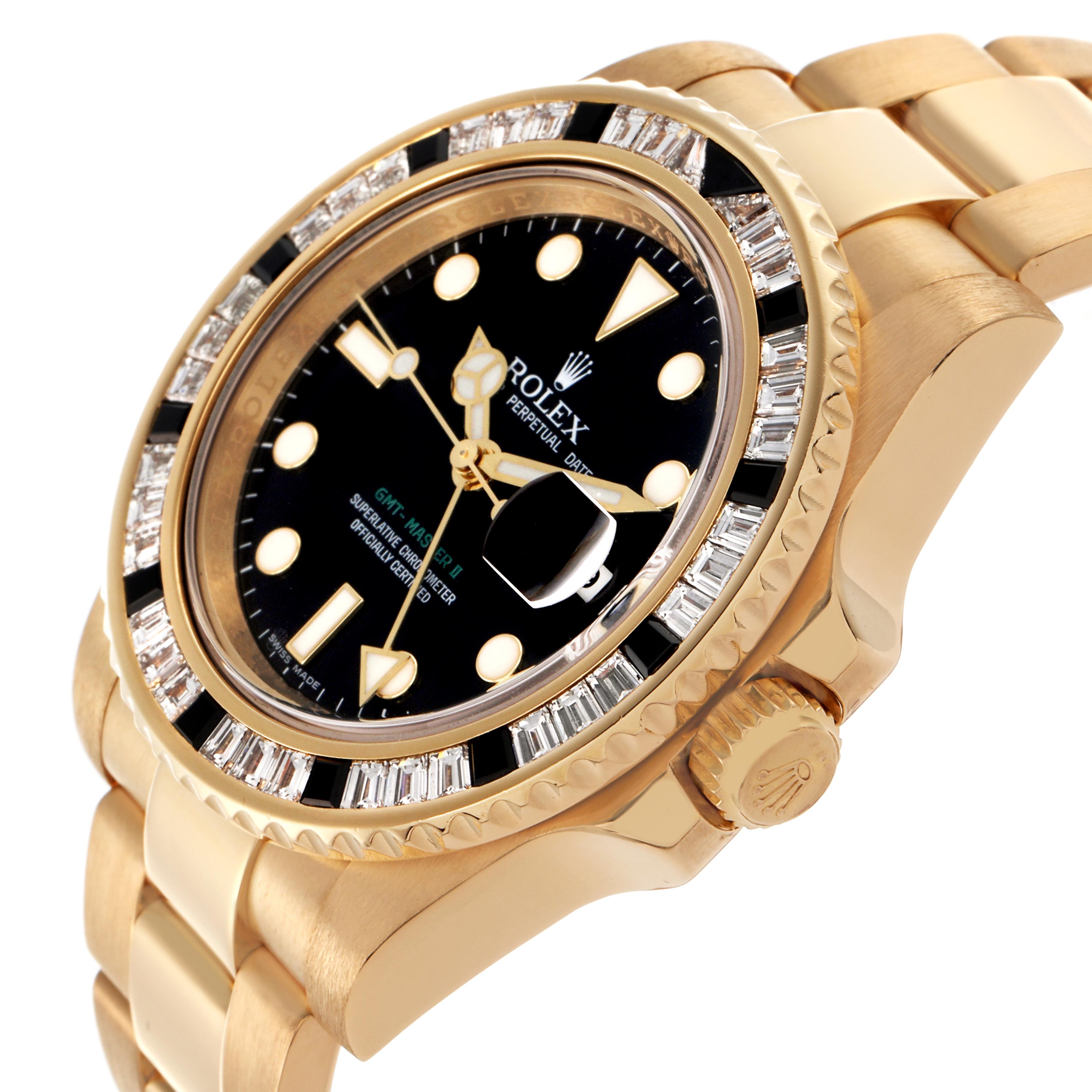 The Rolex GMT-Master 116748 Men's Yellow Gold Black Dial 116748 Men's Yellow Gold Black Dial watch is shown at an angled side view, highlighting the bezel, crown, and bracelet.
