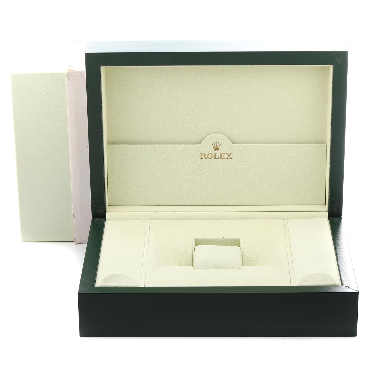 This image shows an open Rolex GMT-Master 116748 Men's Yellow Gold Black Dial 116748 Men's Yellow Gold Black Dial watch box with cream interior branding from a front angle.