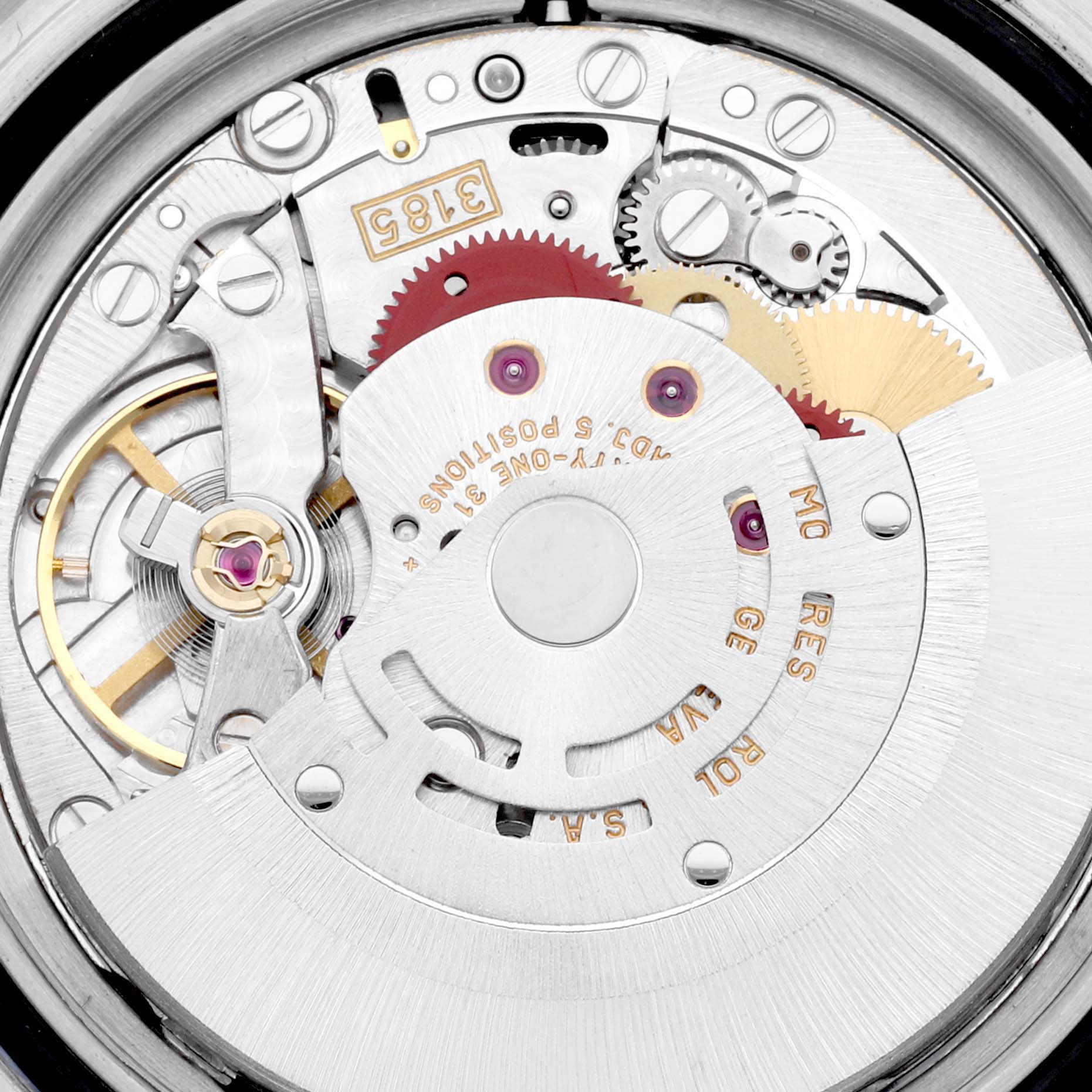 The image shows the intricate inner movement and components of the Rolex GMT-Master 16713 Men's Steel and Gold (two tone) Black Dial 16713 Men's Steel and Gold (two tone) Black Dial watch from a close-up angle.