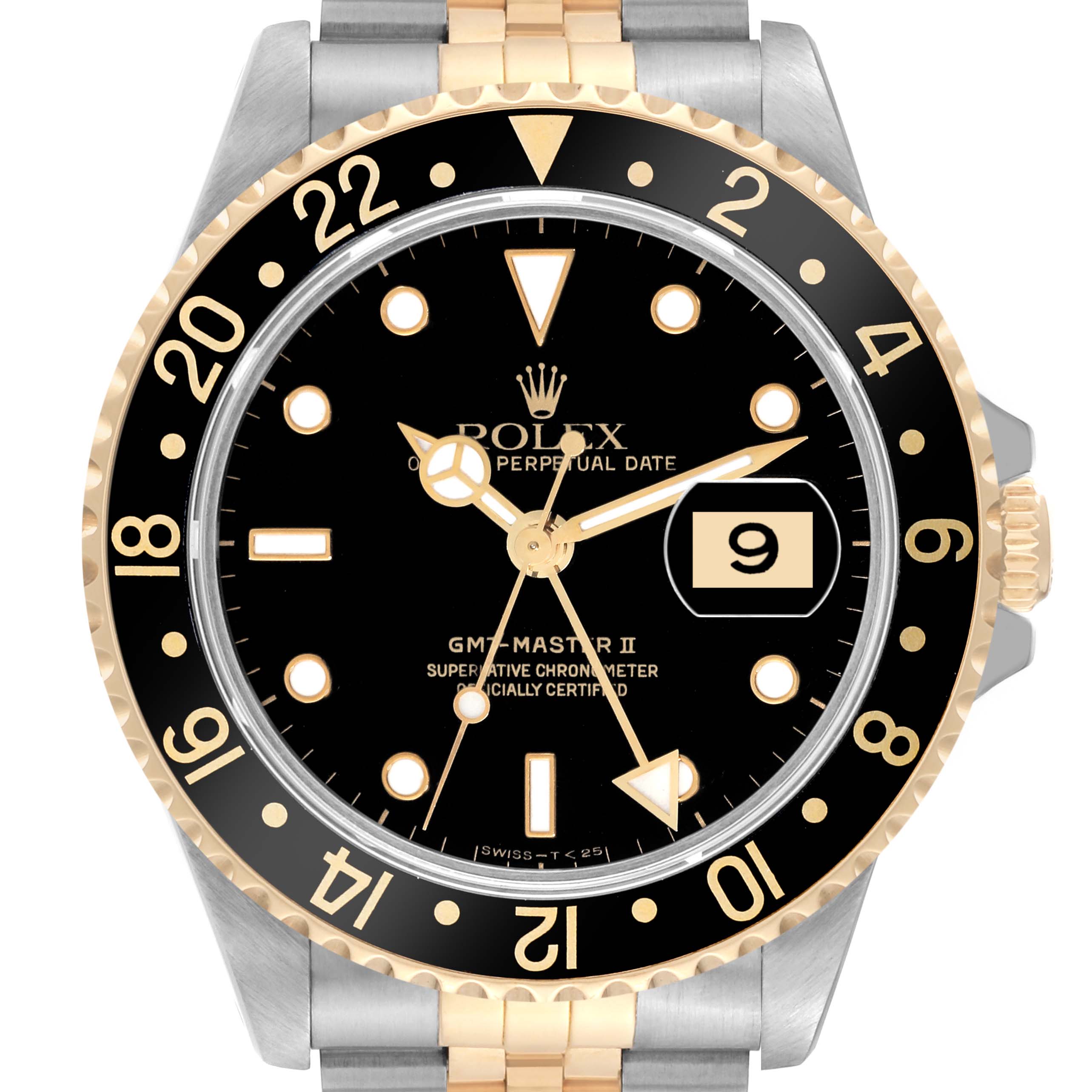 The image shows a front view of the Rolex GMT-Master 16713 Men's Steel and Gold (two tone) Black Dial 16713 Men's Steel and Gold (two tone) Black Dial II watch, focusing on the dial, bezel, and part of the bracelet.