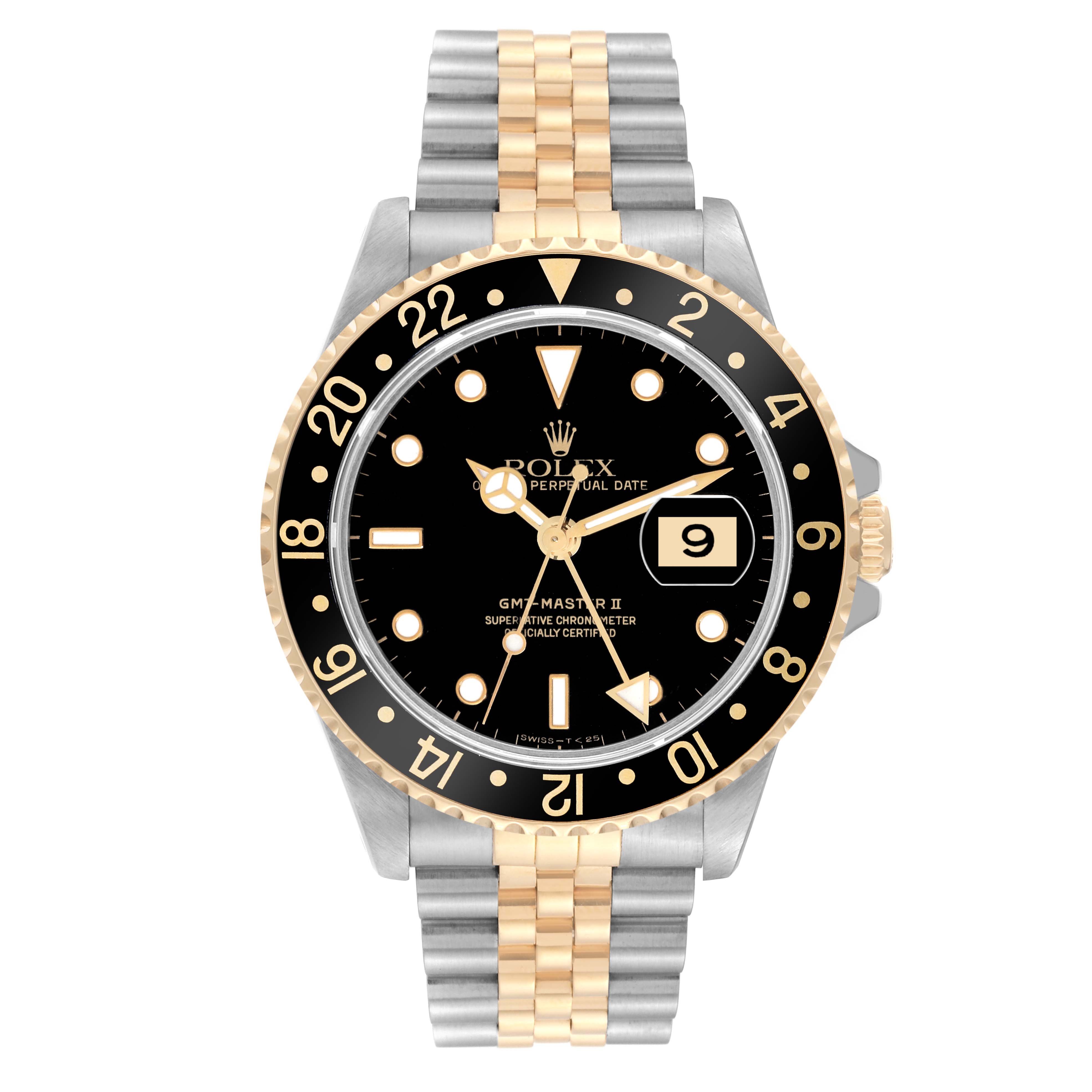 The GMT-Master II by Rolex is shown from the front, highlighting its black dial, two-tone bezel, and jubilee bracelet.