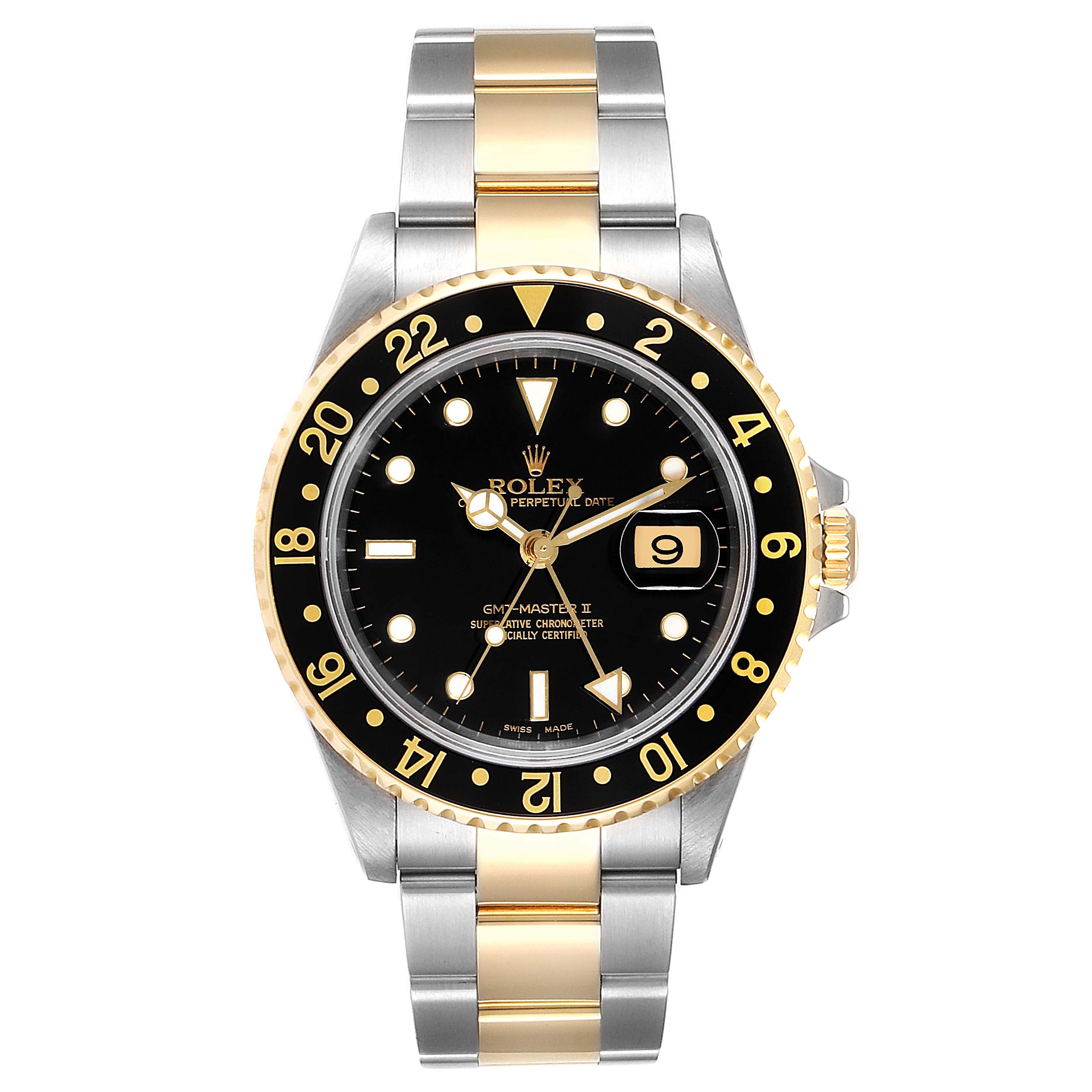 This image shows a Rolex GMT-Master 16713 Men's Steel and Gold (two tone) Black Dial 16713 Men's Steel and Gold (two tone) Black Dial watch from a front-facing angle, highlighting the dial, bezel, and bracelet.