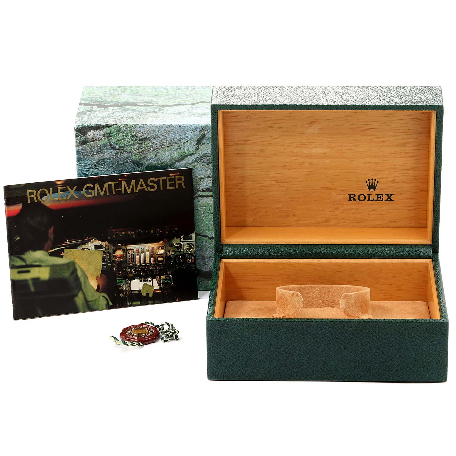 The image shows a Rolex GMT-Master 16713 Men's Steel and Gold (two tone) Black Dial 16713 Men's Steel and Gold (two tone) Black Dial watch box, manual, and hang tag from a straight-on angle.