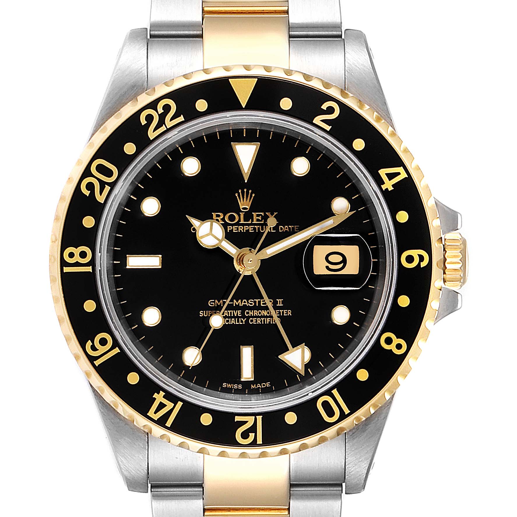 The image shows a front view of a Rolex GMT-Master 16713 Men's Steel and Gold (two tone) Black Dial 16713 Men's Steel and Gold (two tone) Black Dial II watch, displaying its dial, bezel, and part of the bracelet.