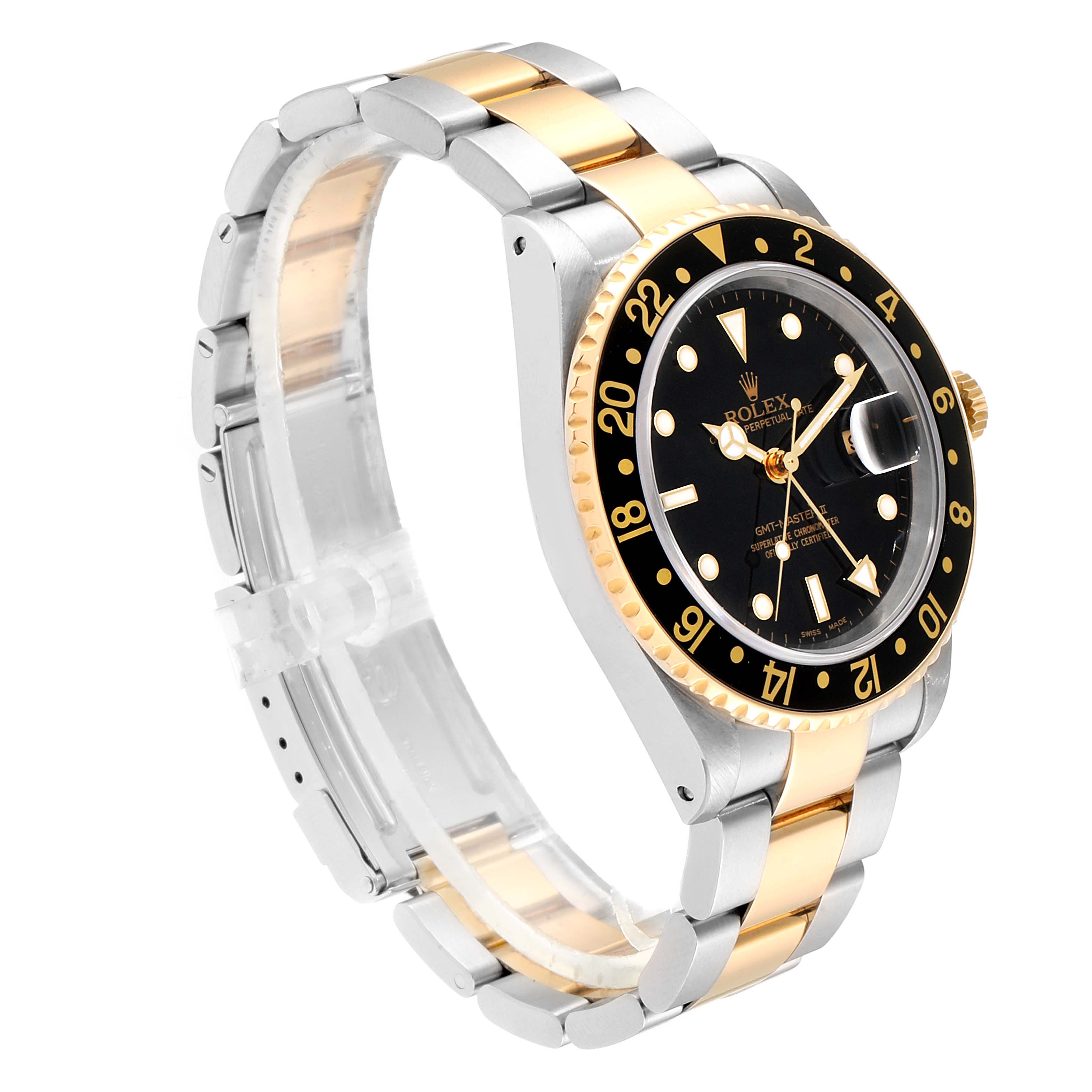 This image shows a Rolex GMT-Master 16713 Men's Steel and Gold (two tone) Black Dial 16713 Men's Steel and Gold (two tone) Black Dial watch from an angled side view, highlighting the two-tone bracelet and black bezel.