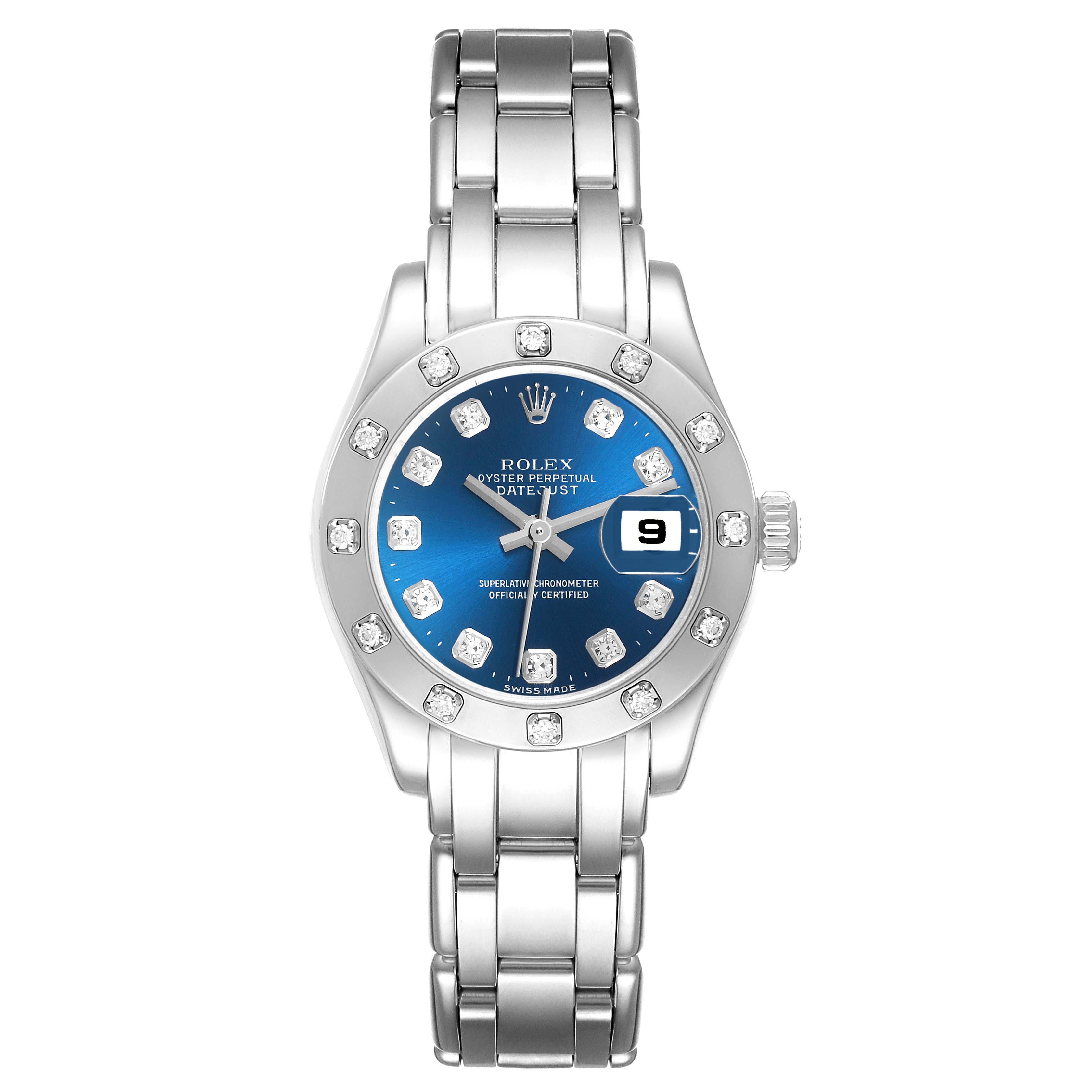 The Rolex Pearlmaster 80319 Women
s White Gold Blue Dial 80319 Women
s White Gold Blue Dial watch is shown from a top-down angle, displaying the face, bezel, bracelet, and crown.