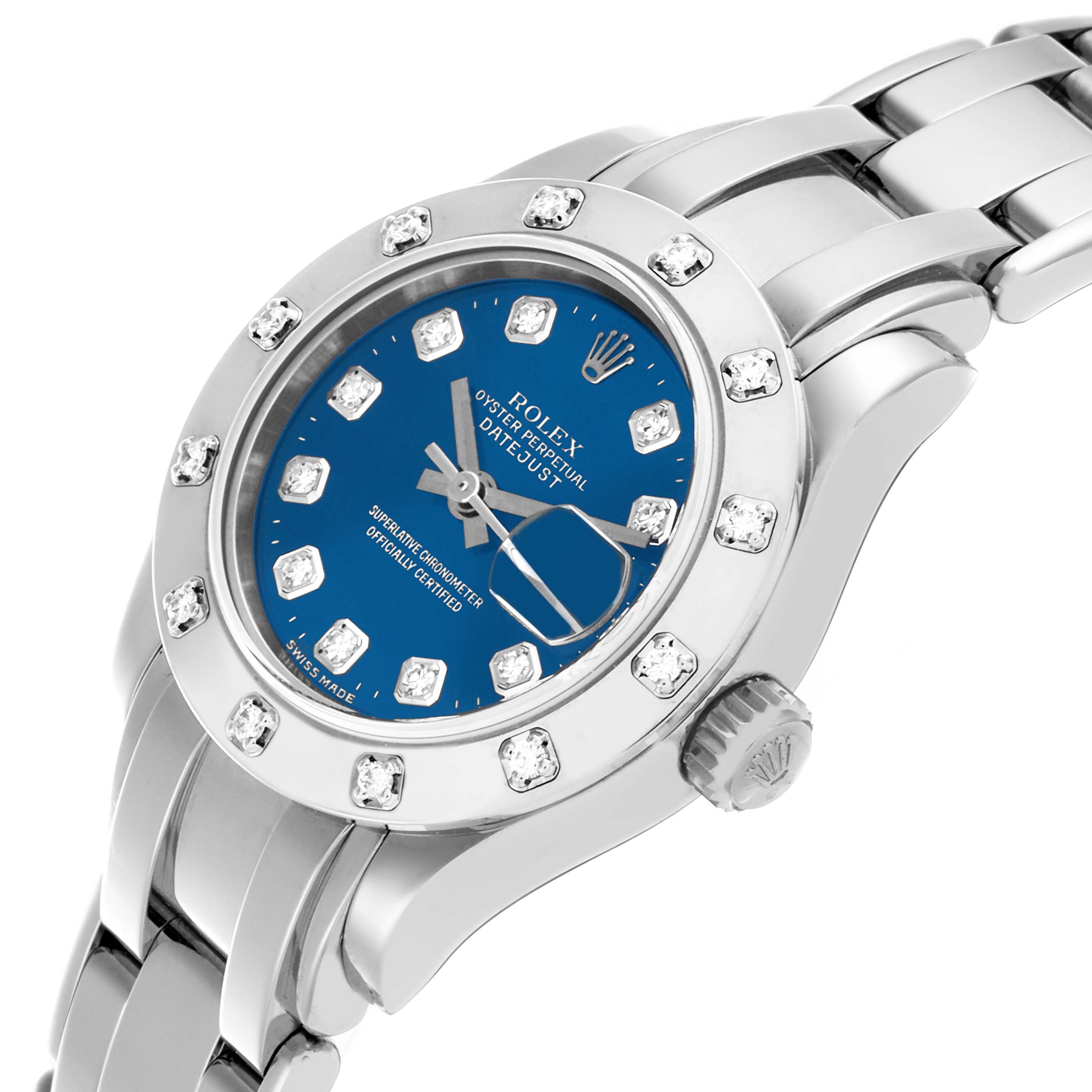 The Rolex Pearlmaster 80319 Women
s White Gold Blue Dial 80319 Women
s White Gold Blue Dial watch is shown at a slight angle, highlighting the bezel, dial, and part of the bracelet.