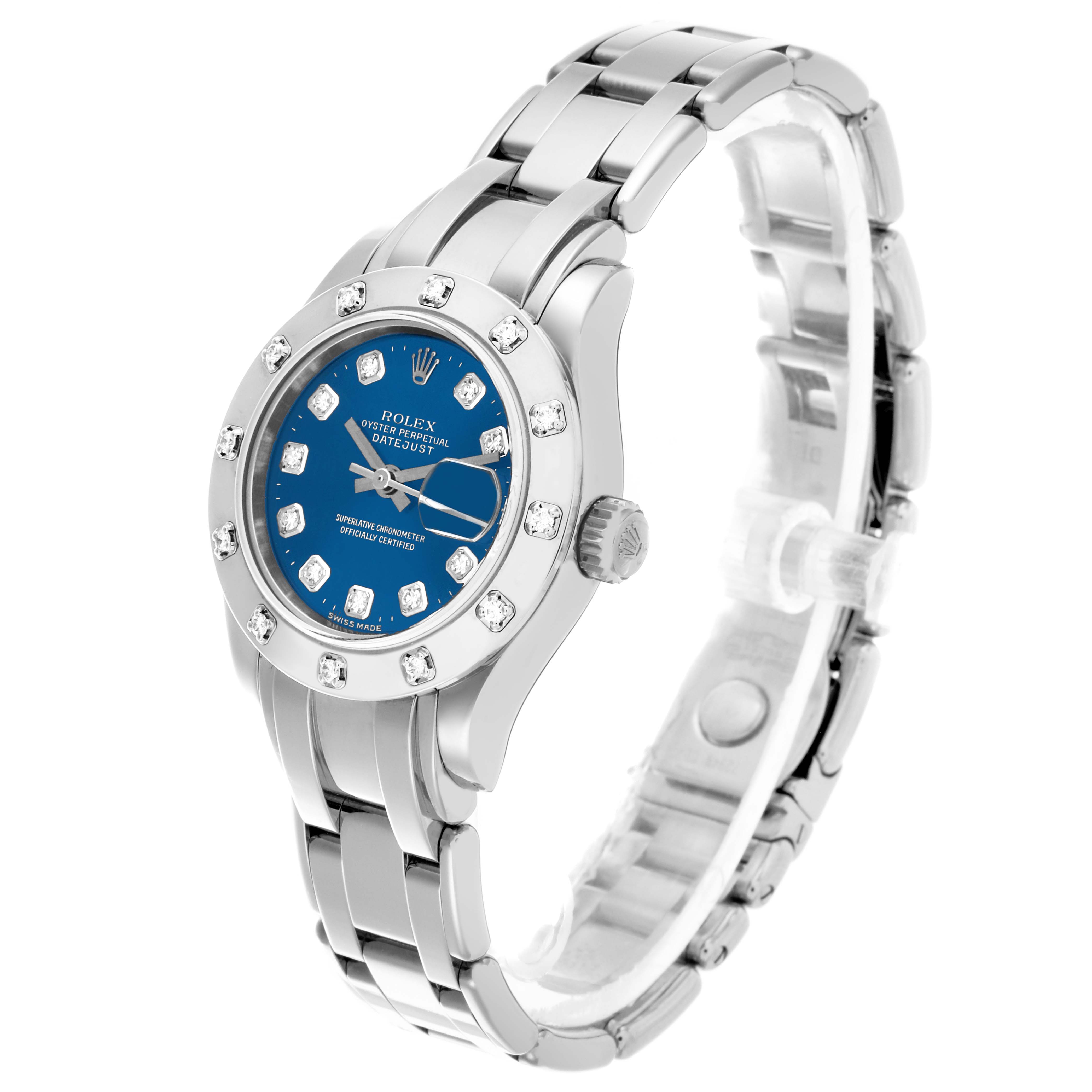 The Rolex Pearlmaster 80319 Women
s White Gold Blue Dial 80319 Women
s White Gold Blue Dial watch is shown from a three-quarter angle, highlighting the face, bezel, crown, and bracelet.