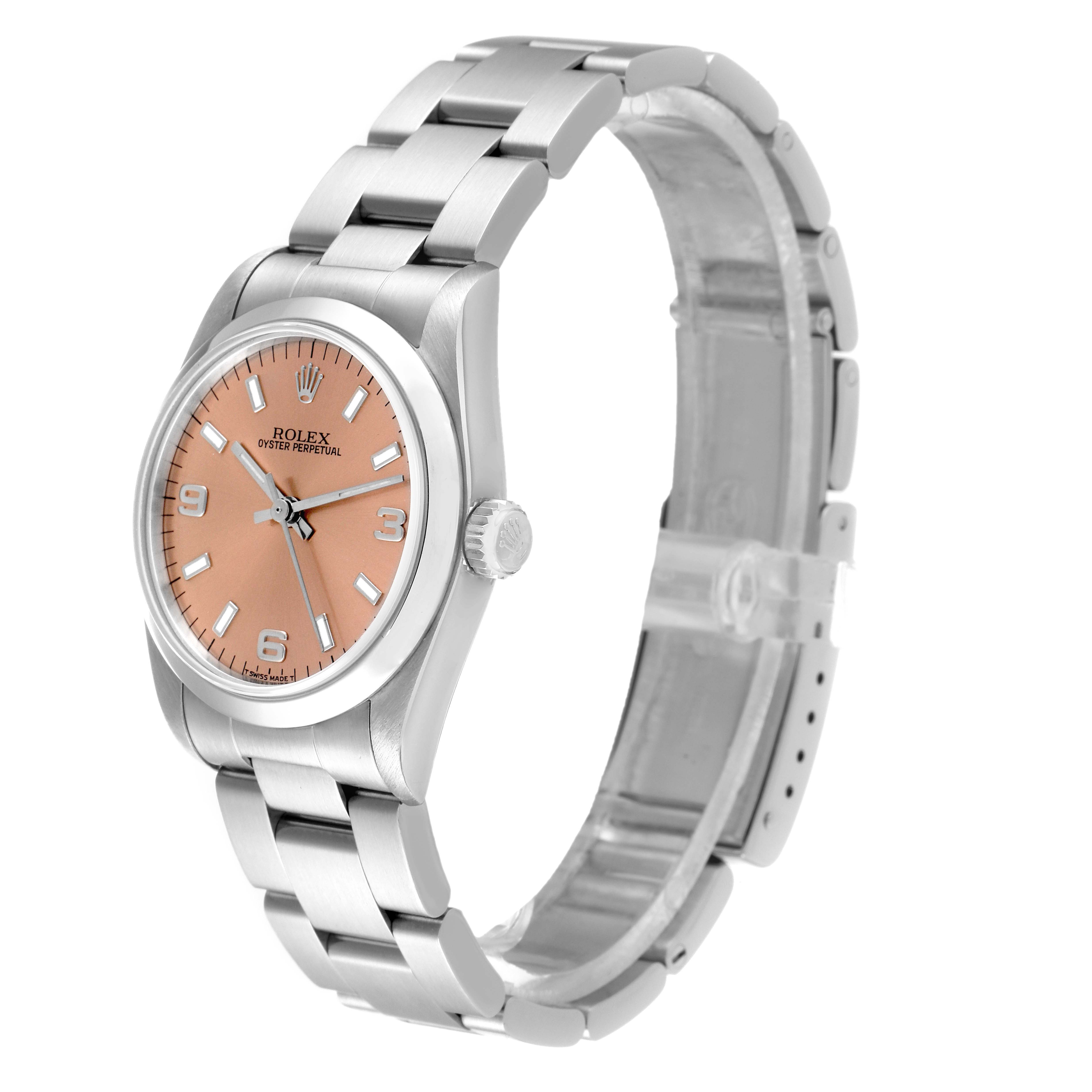 The image shows a Rolex Mid-Size 67480 Women's Stainless Steel Pink Dial 67480 Women's Stainless Steel Pink Dial model wristwatch at a three-quarter angle, highlighting the bracelet, case, and dial.