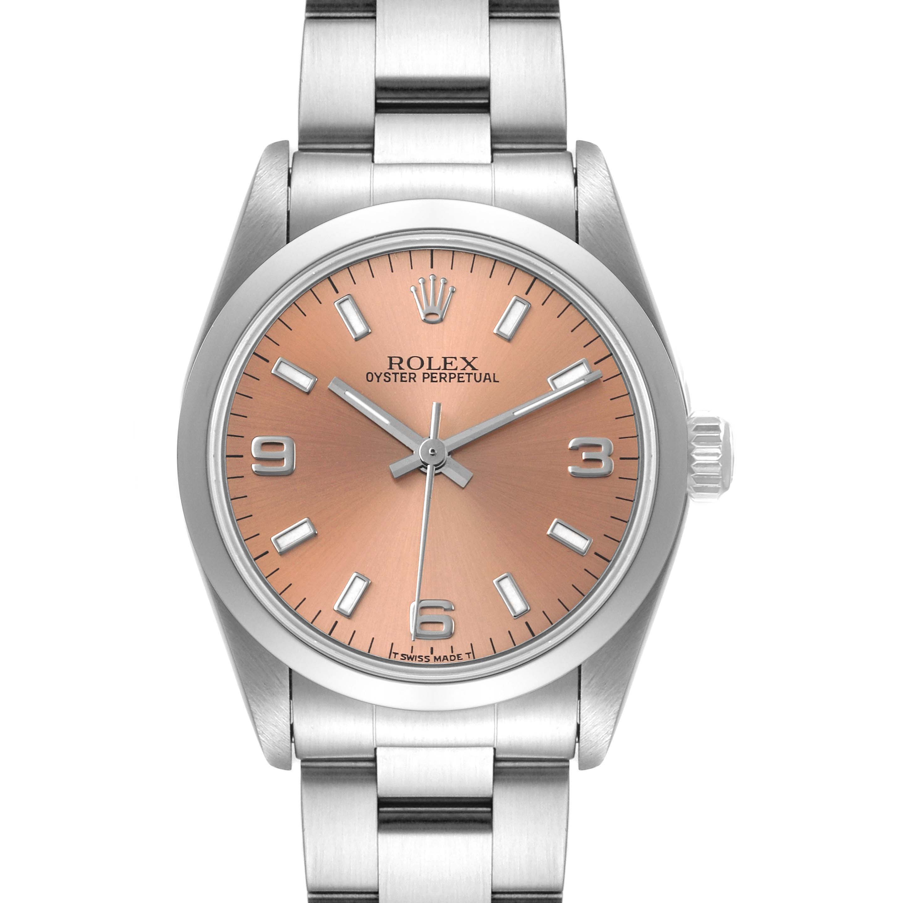 This image shows a front view of a Rolex Oyster Perpetual Mid-Size watch, highlighting its pink dial and stainless steel bracelet.