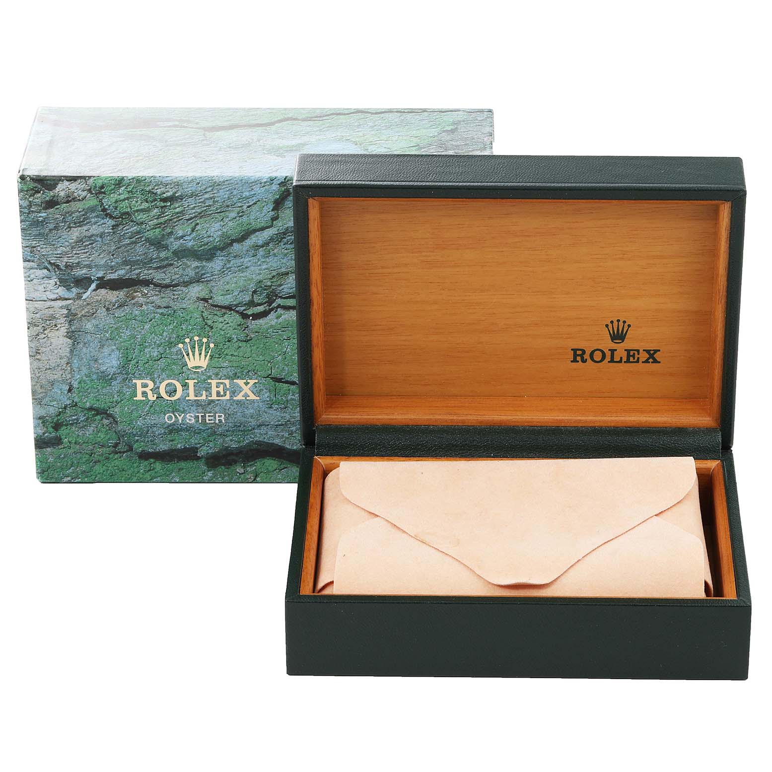 This image shows the open box of a Rolex Mid-Size 67480 Women's Stainless Steel Pink Dial 67480 Women's Stainless Steel Pink Dial watch with the brand's logo and packaging.