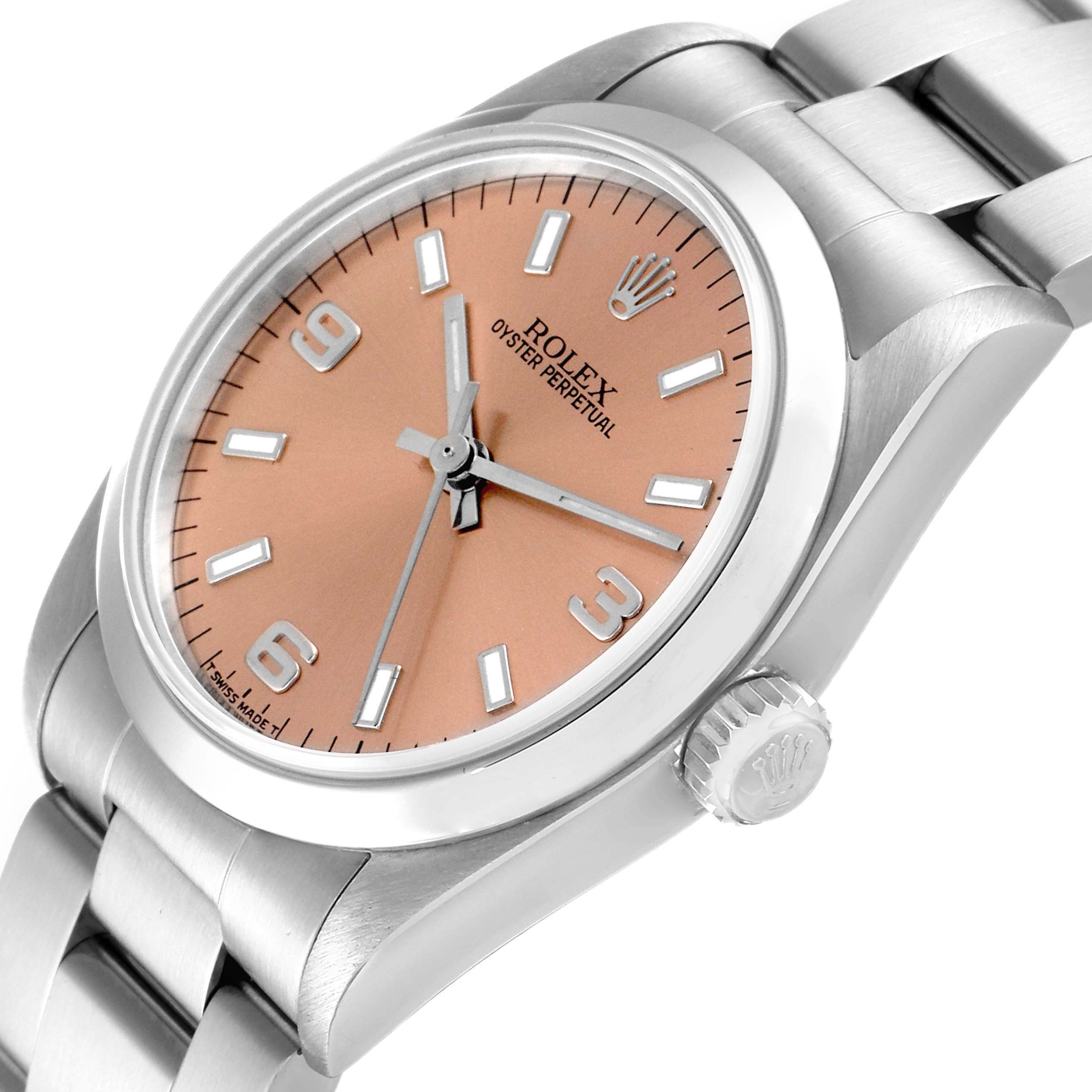 The image shows a close-up, angled side view of the dial and bracelet of a Rolex Oyster Perpetual Mid-Size model.