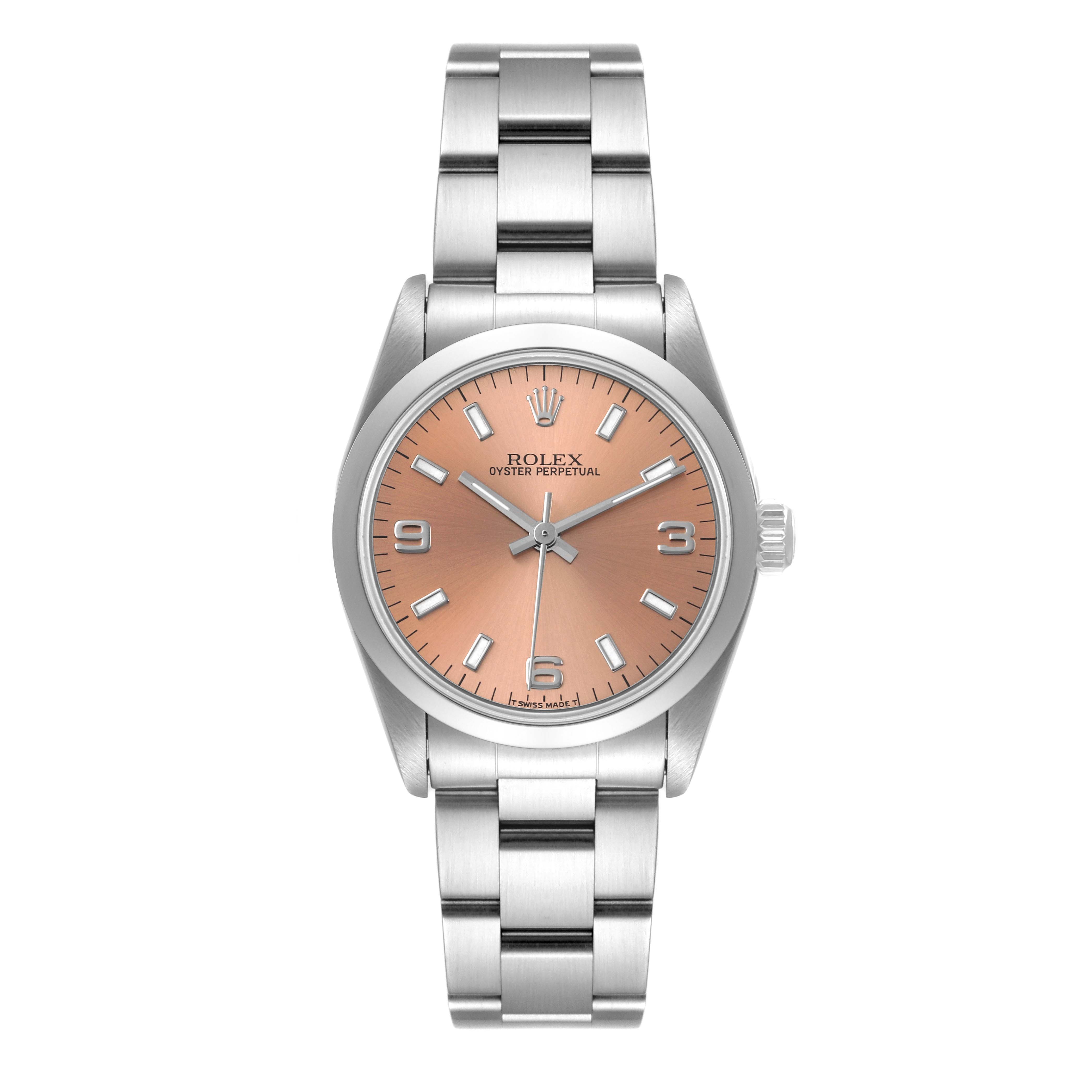The image shows a front view of a Mid-Size Rolex Oyster Perpetual watch with a pink dial and silver bracelet.