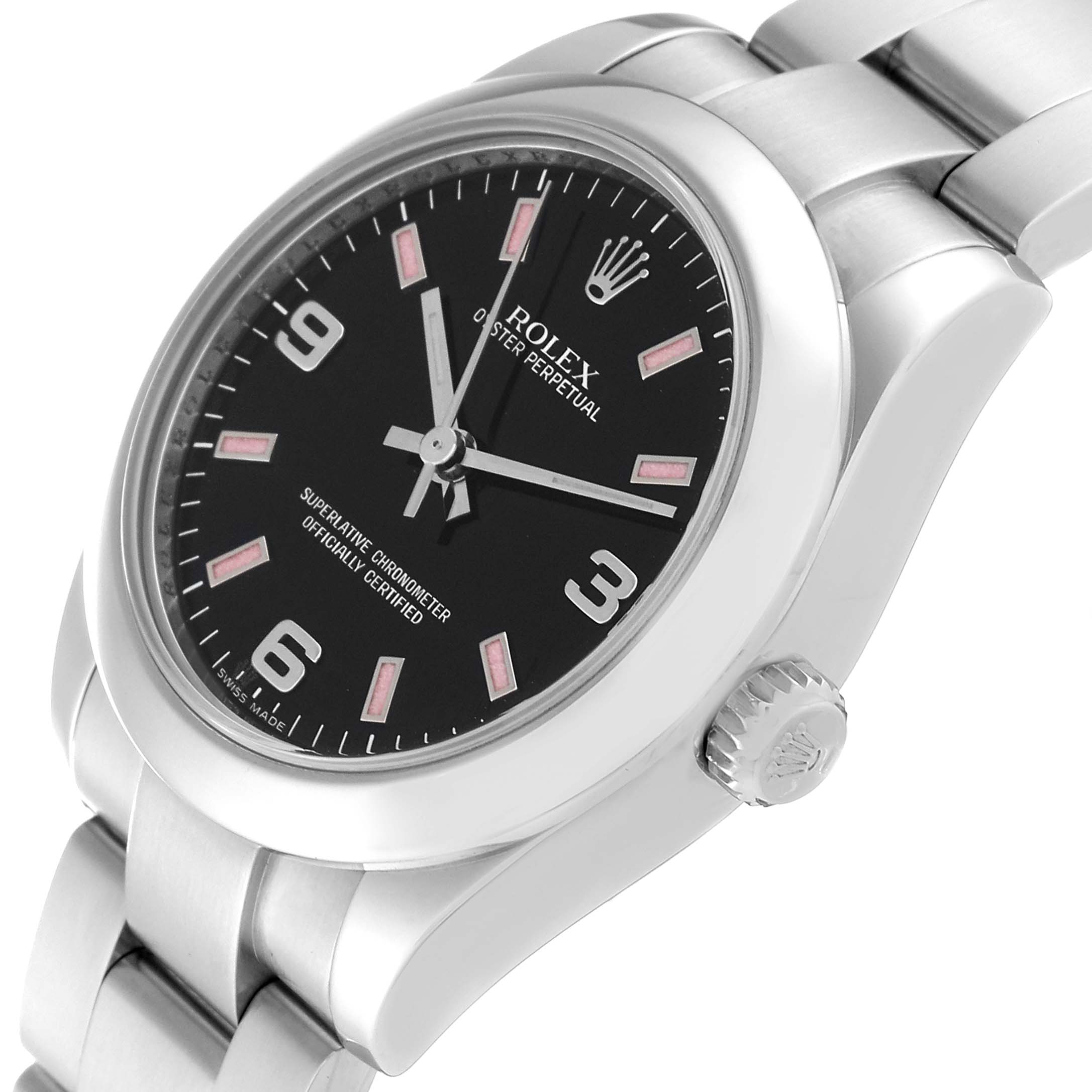The image shows a Rolex Oyster Perpetual Mid-Size watch, angled to display the face, bezel, bracelet, and crown.