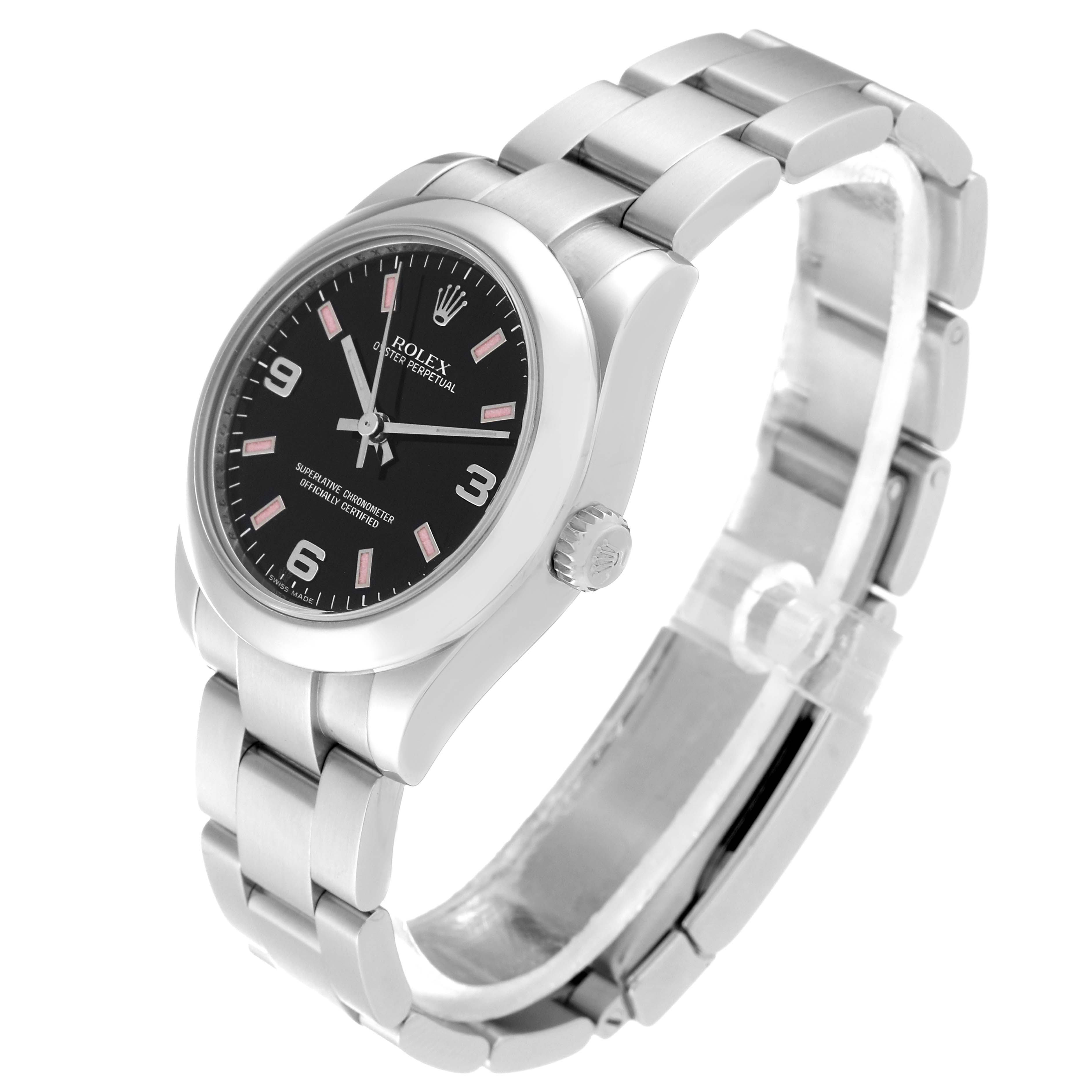 The image shows a Rolex Mid-Size 177200 Women's Stainless Steel Black Dial 177200 Women's Stainless Steel Black Dial model watch from the front-left angle, highlighting the face, bezel, crown, and bracelet.