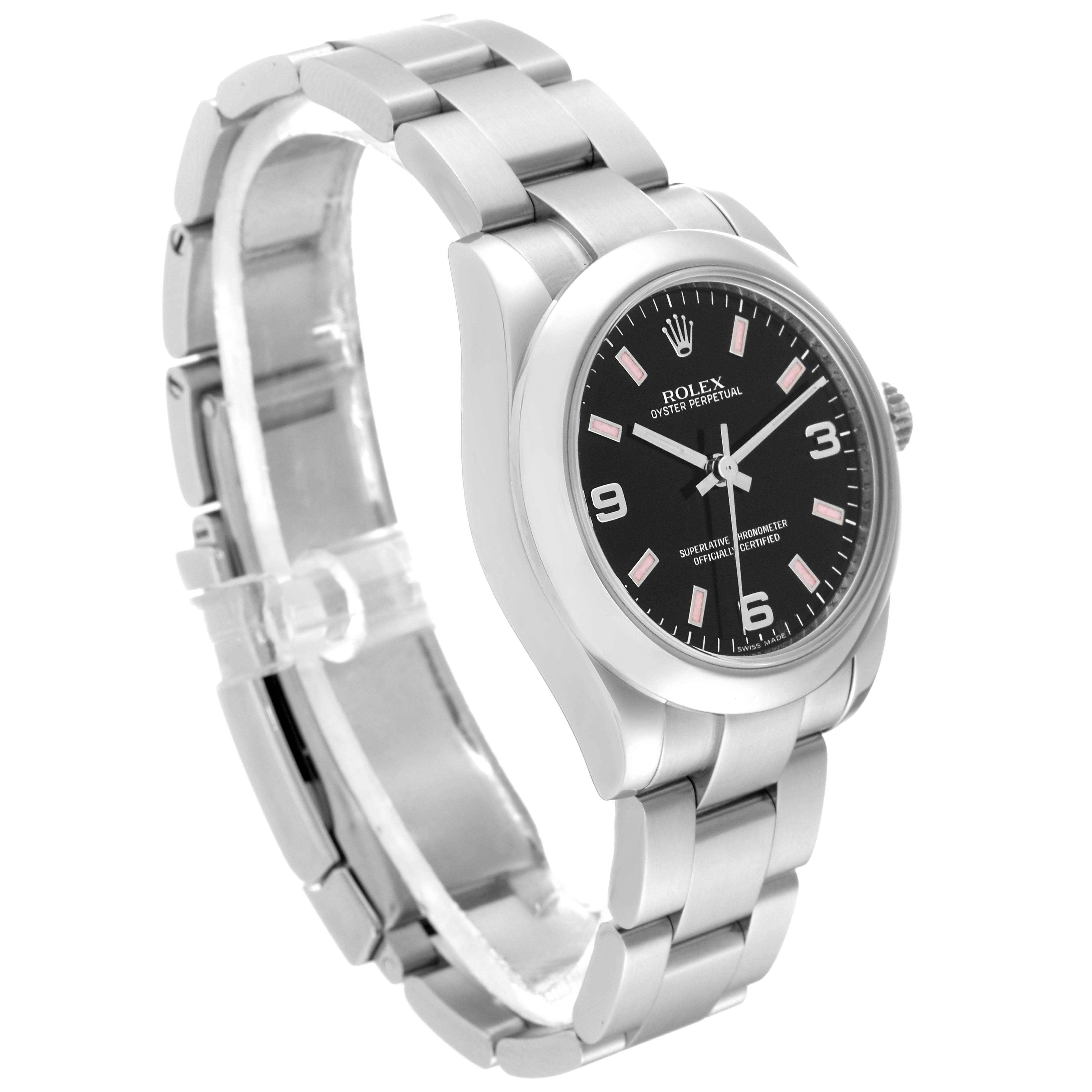 The image shows a side angle view of a Rolex Oyster Perpetual Mid-Size watch, displaying the face, bezel, and bracelet.