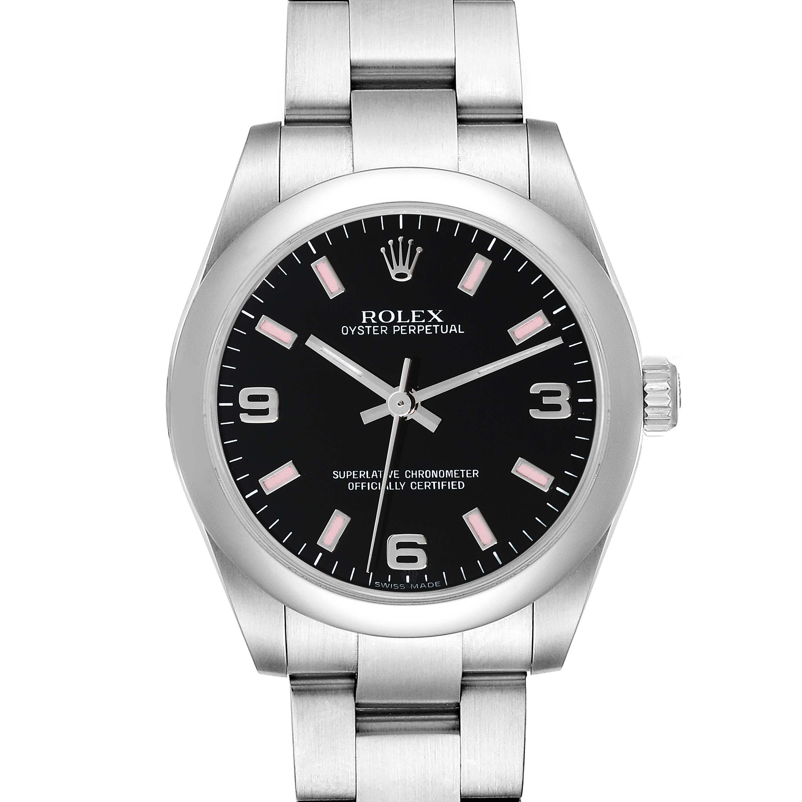 The image shows a front view of a Mid-Size Rolex Oyster Perpetual, highlighting the dial, bezel, case, and bracelet.