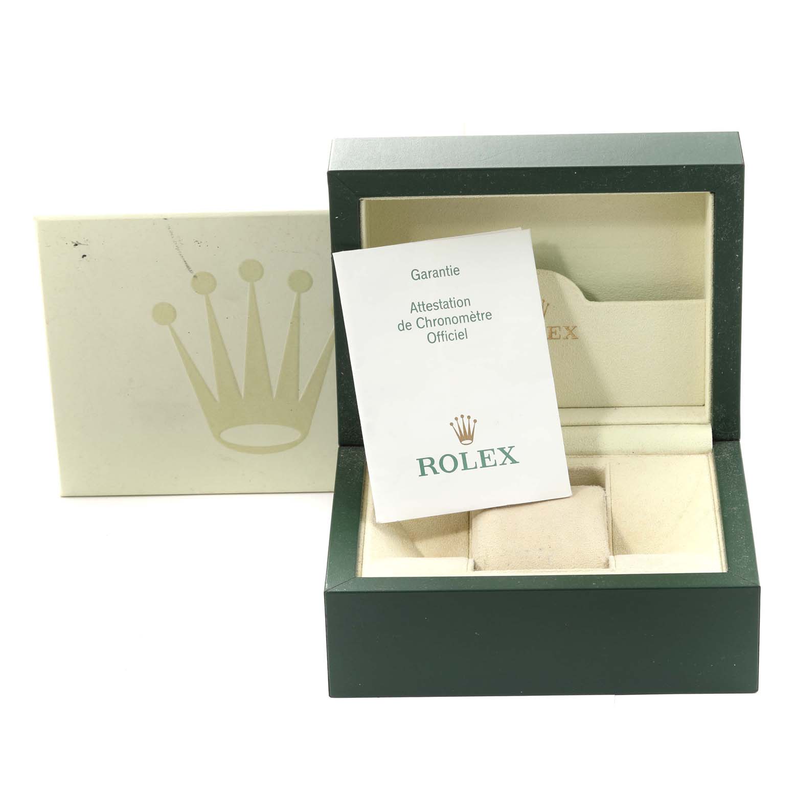 The image shows an open Rolex watch box for the Mid-Size model, with an authenticity certificate inside.