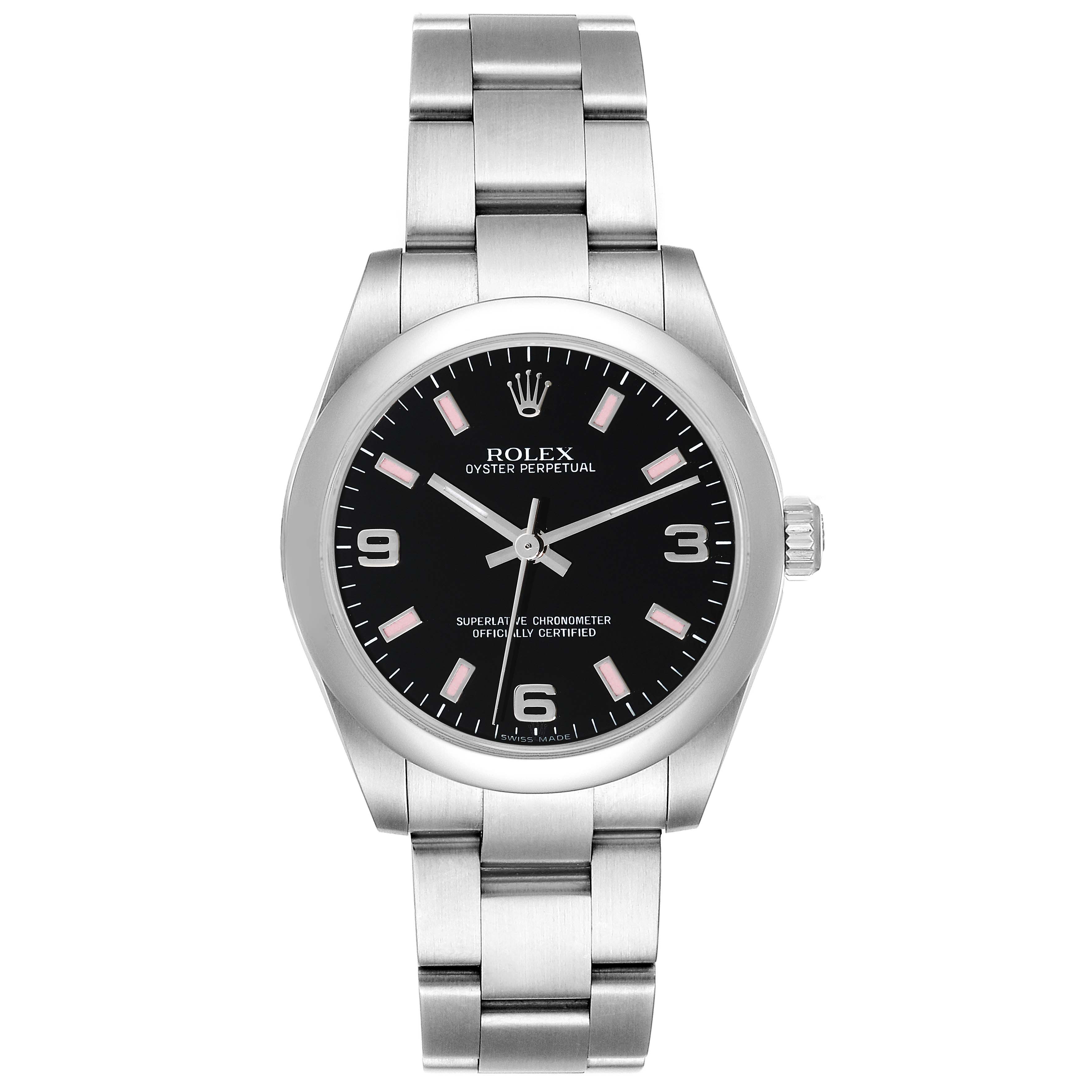 The image shows a front view of a Mid-Size Rolex Oyster Perpetual watch displaying the face, band, and crown.