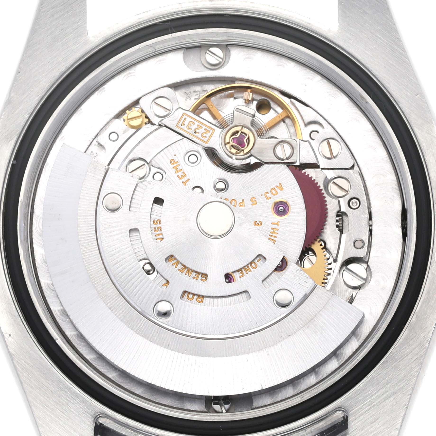 This image shows a close-up view of the internal movement mechanism of a Rolex Mid-Size 177200 Women's Stainless Steel Black Dial 177200 Women's Stainless Steel Black Dial model watch.