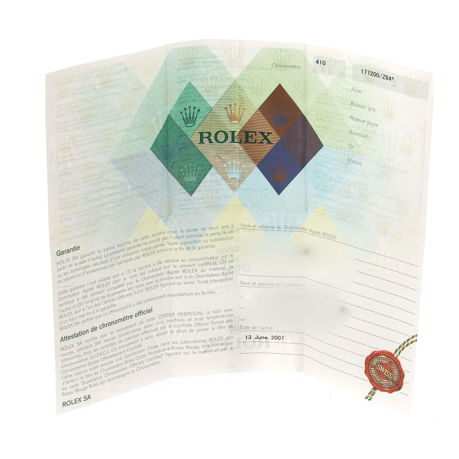 This image shows the warranty certificate for a Rolex Mid-Size 177200 Women's Stainless Steel Black Dial 177200 Women's Stainless Steel Black Dial model watch, dated June 13, 2007.