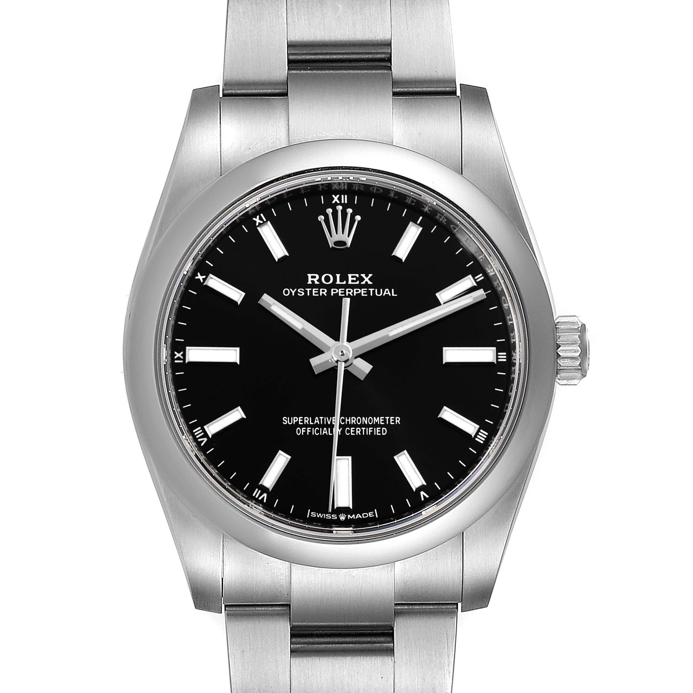 The image shows a front view of the Rolex Oyster Perpetual 124200 Men
s Stainless Steel Black Dial 124200 Men
s Stainless Steel Black Dial watch, displaying its black dial, hour markers, and stainless steel bracelet.