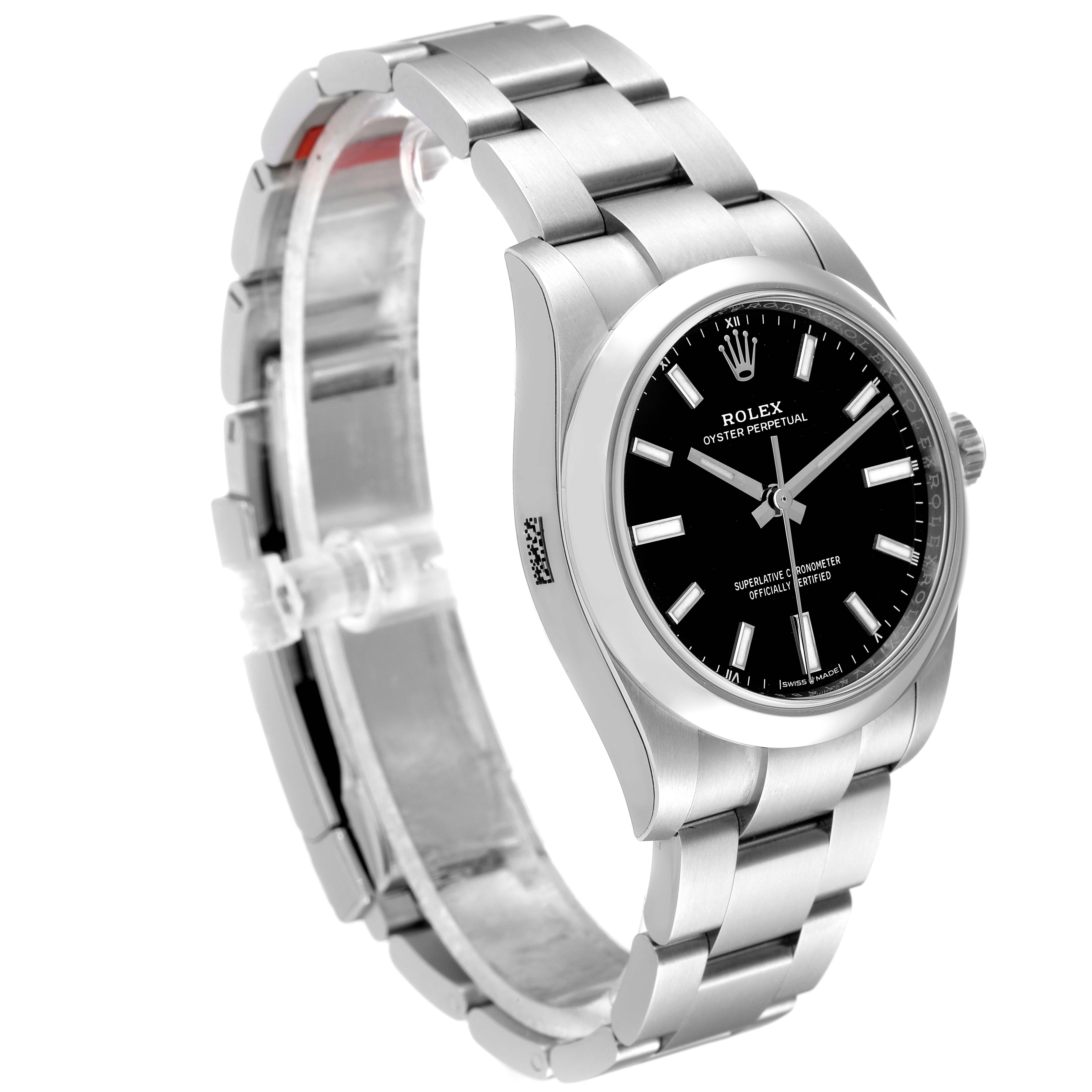 The image shows a side view of a Rolex Oyster Perpetual 124200 Men
s Stainless Steel Black Dial 124200 Men
s Stainless Steel Black Dial watch, featuring the bracelet, bezel, and black dial.