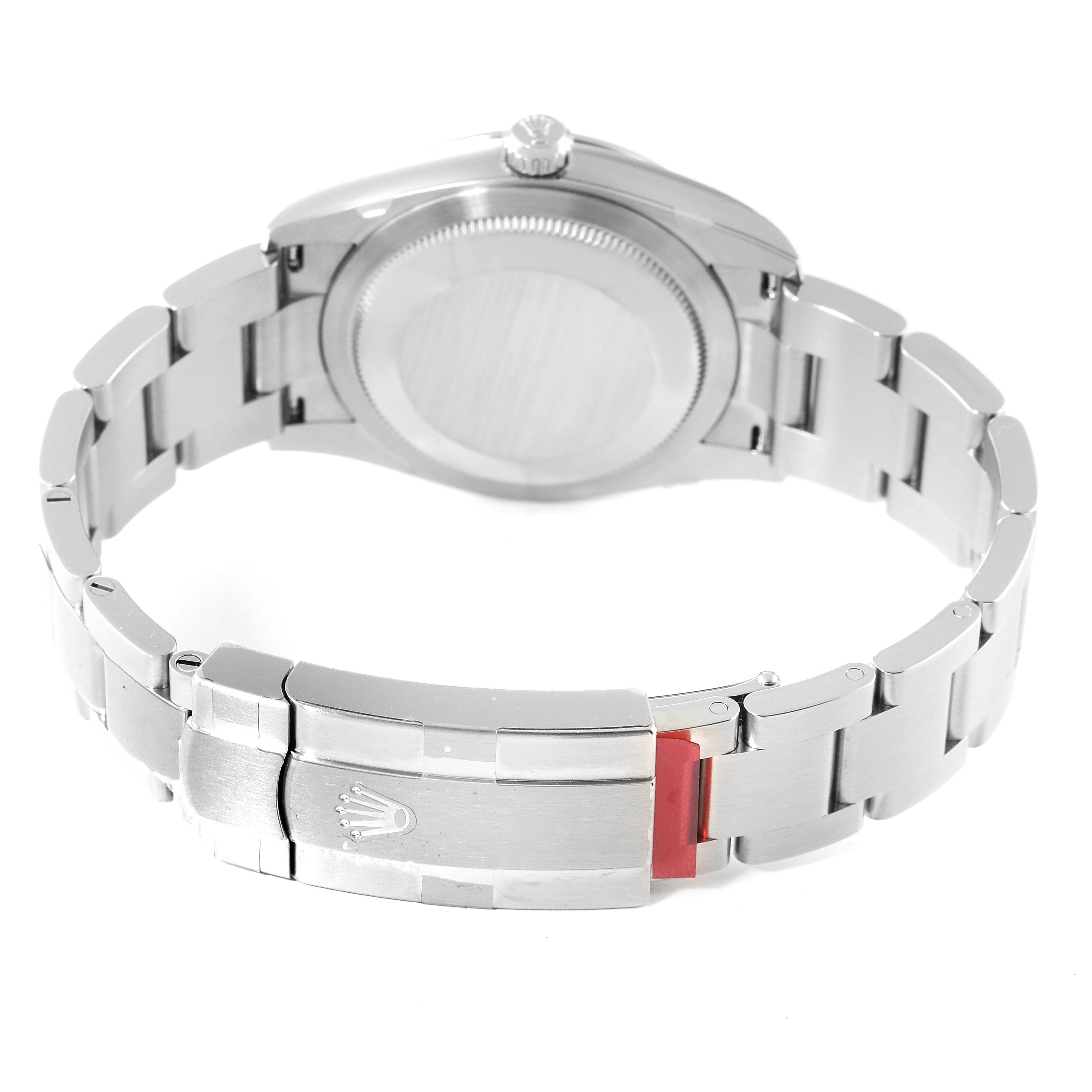 This image shows the back view of a Rolex Oyster Perpetual 124200 Men
s Stainless Steel Black Dial 124200 Men
s Stainless Steel Black Dial watch, focusing on the case back and bracelet with the Rolex logo on the clasp.