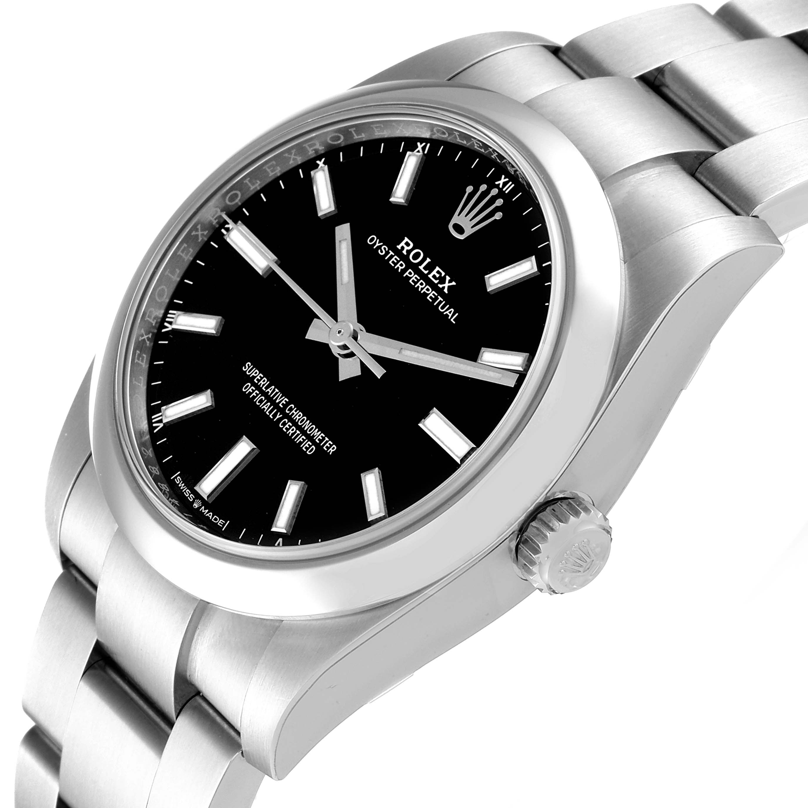 This Rolex Oyster Perpetual 124200 Men
s Stainless Steel Black Dial 124200 Men
s Stainless Steel Black Dial watch is shown from a tilted side angle, displaying the bezel, dial, crown, and part of the bracelet.