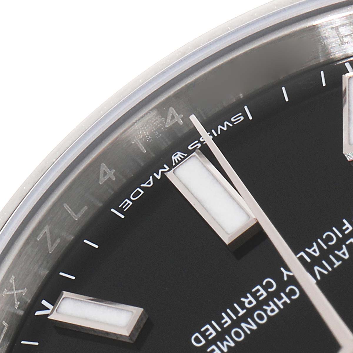 This image shows a close-up of the dial, indices, and hands of a Rolex Oyster Perpetual 124200 Men
s Stainless Steel Black Dial 124200 Men
s Stainless Steel Black Dial watch.