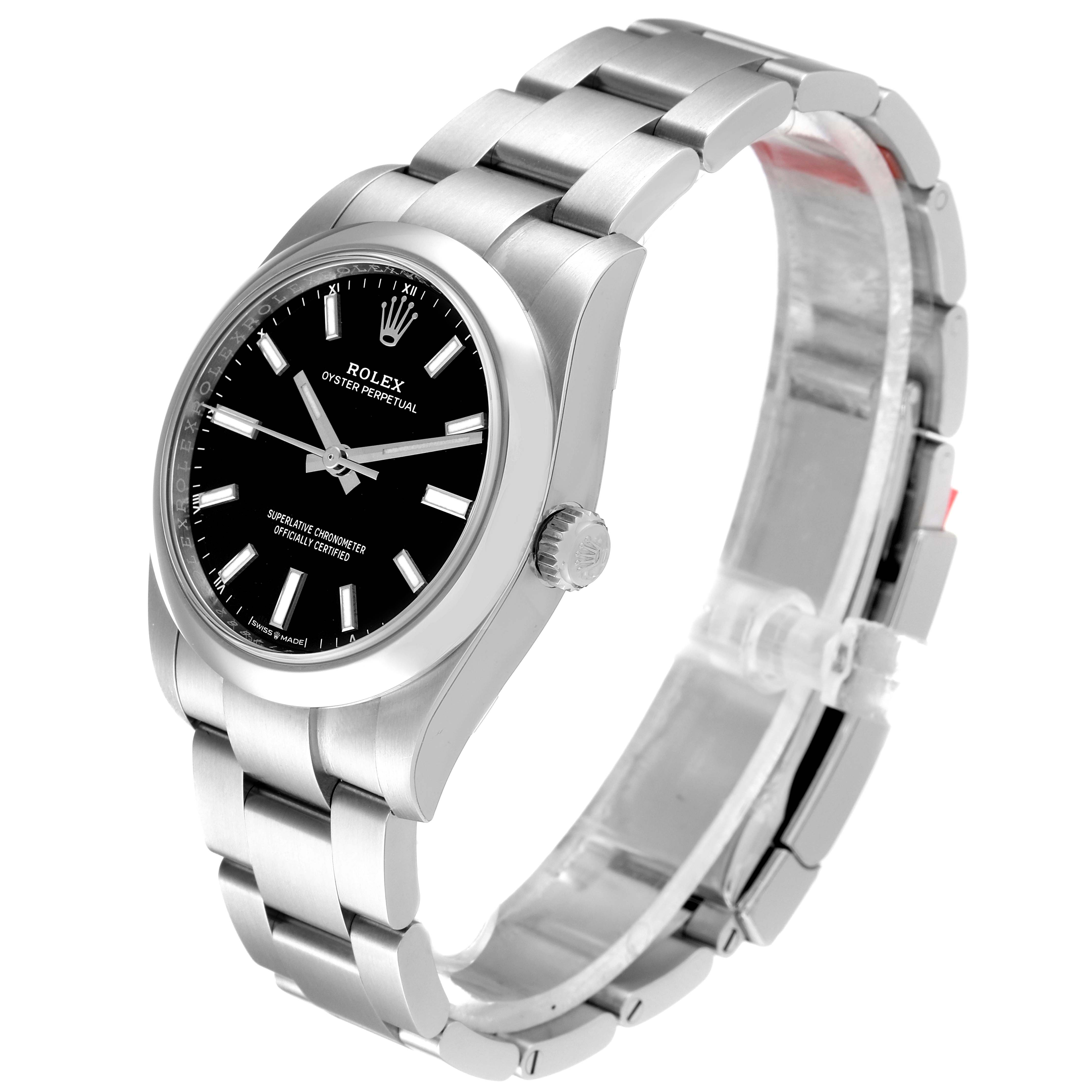 This Rolex Oyster Perpetual 124200 Men
s Stainless Steel Black Dial 124200 Men
s Stainless Steel Black Dial watch is shown at a three-quarter angle, highlighting the case, dial, bracelet, and crown.