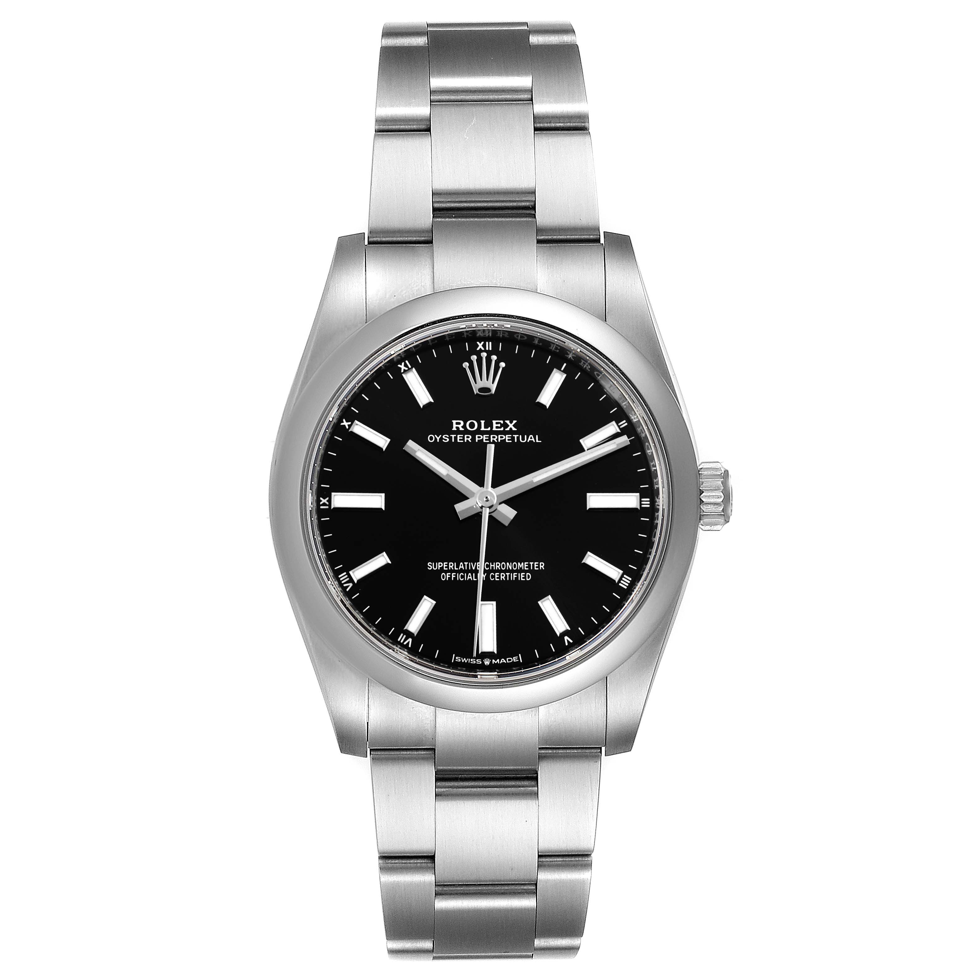 This is a front view of a Rolex Oyster Perpetual 124200 Men
s Stainless Steel Black Dial 124200 Men
s Stainless Steel Black Dial watch, showing the face, bezel, crown, and bracelet.
