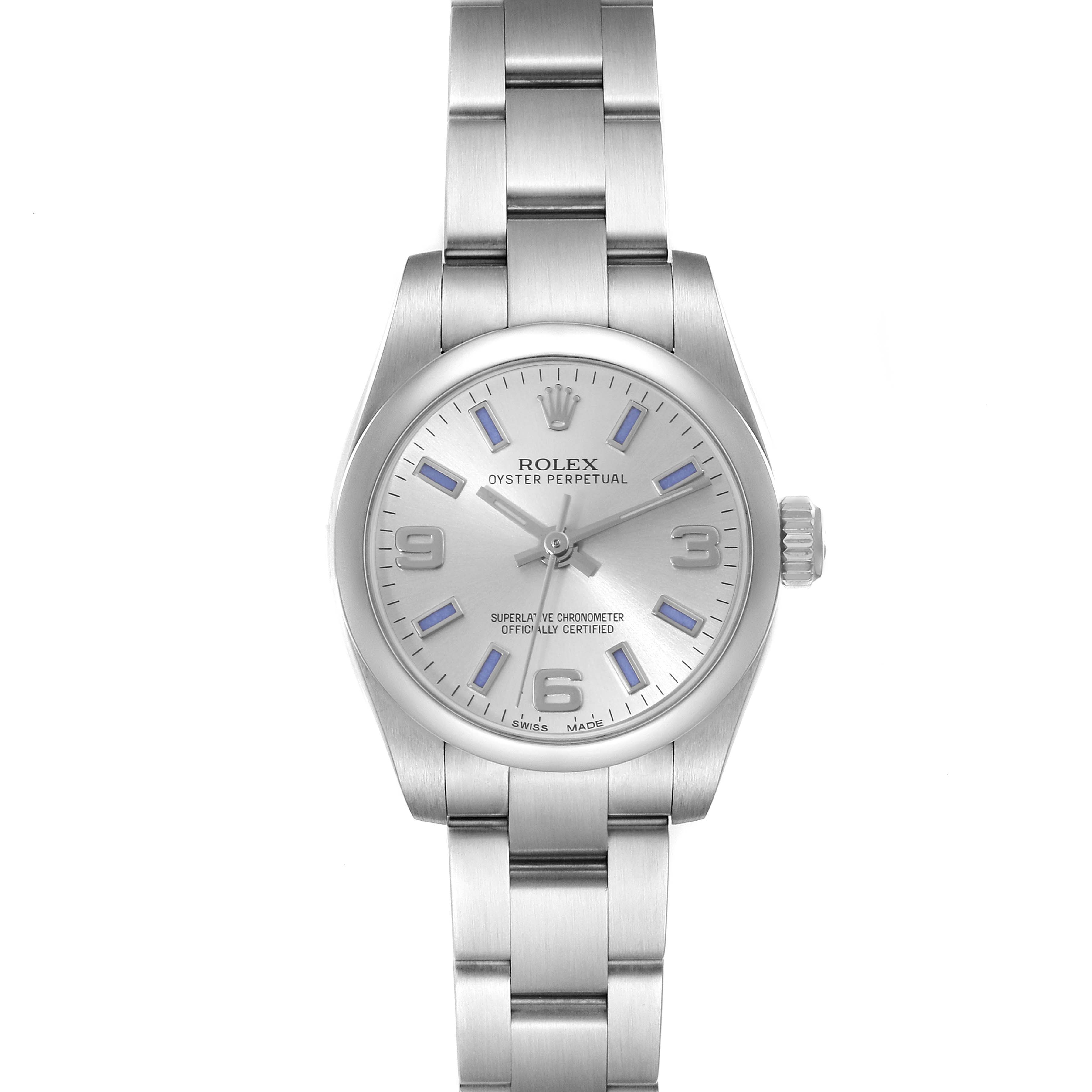The Rolex Oyster Perpetual 176200 Women's Stainless Steel Silver Dial 176200 Women's Stainless Steel Silver Dial watch is shown from a top-down angle, displaying the dial, bezel, and bracelet.
