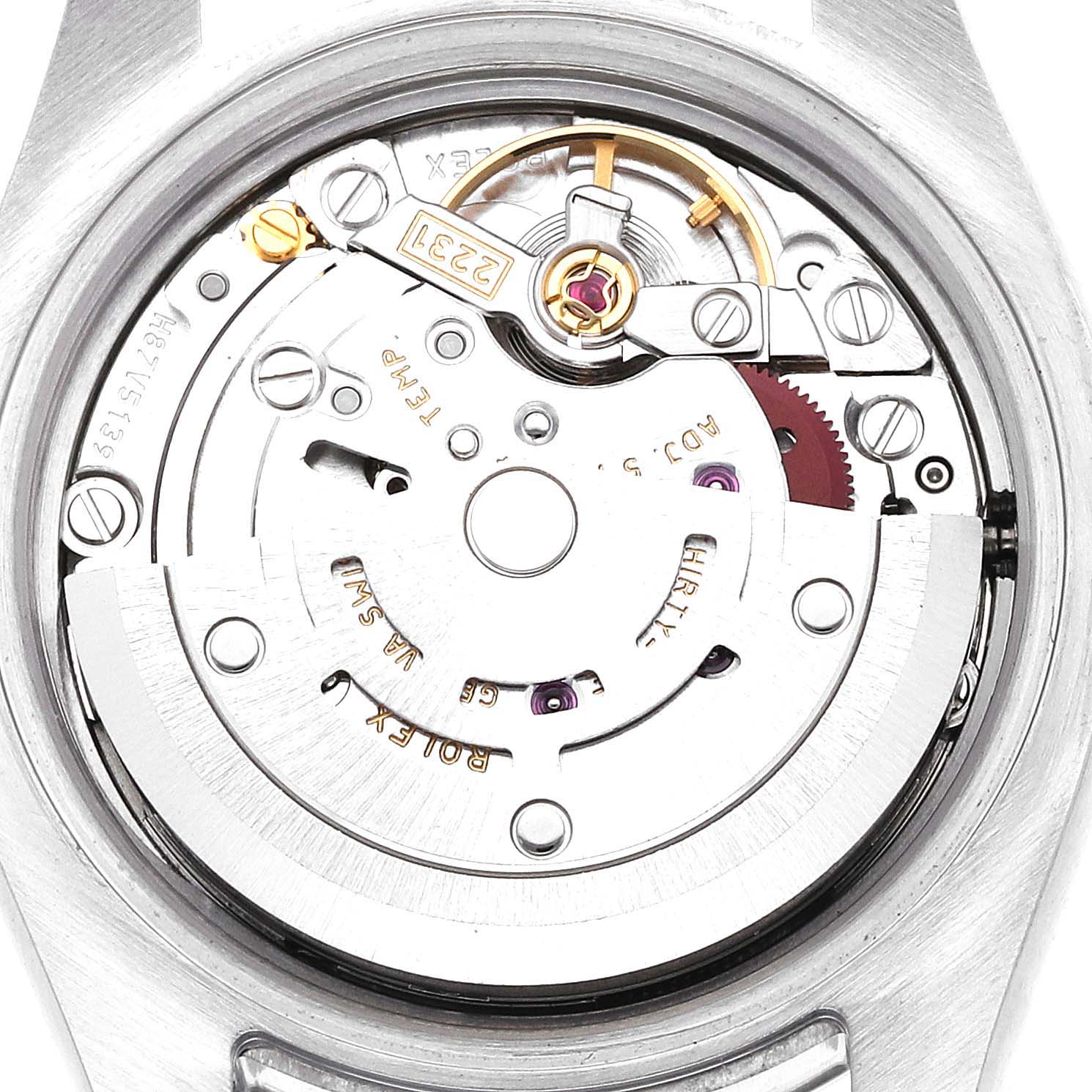 The image shows the intricate inner mechanism of a Rolex Oyster Perpetual 176200 Women's Stainless Steel Silver Dial 176200 Women's Stainless Steel Silver Dial watch from a back angle.