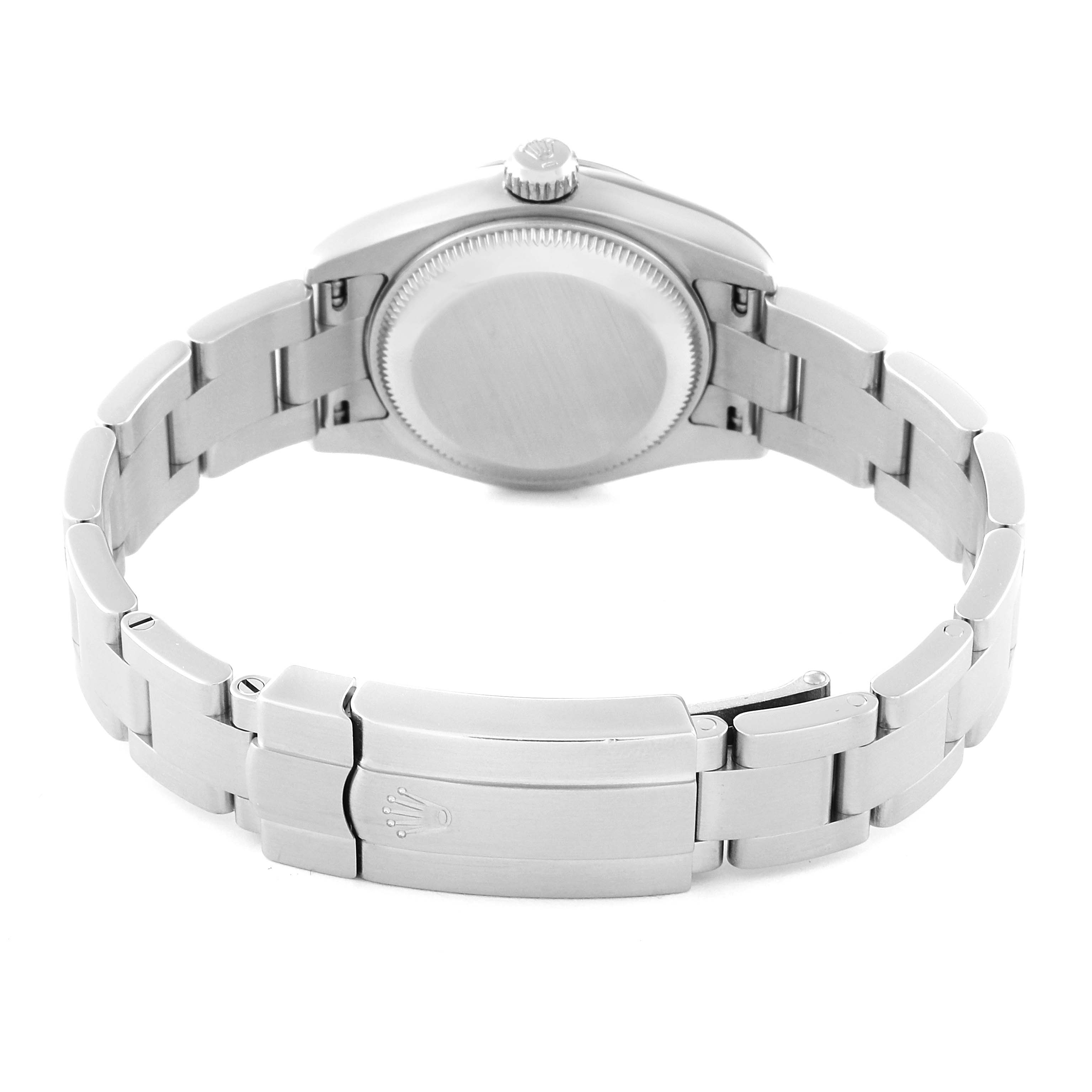 This image shows the back and clasp of a Rolex Oyster Perpetual 176200 Women's Stainless Steel Silver Dial 176200 Women's Stainless Steel Silver Dial watch bracelet, including the closed deployant clasp.