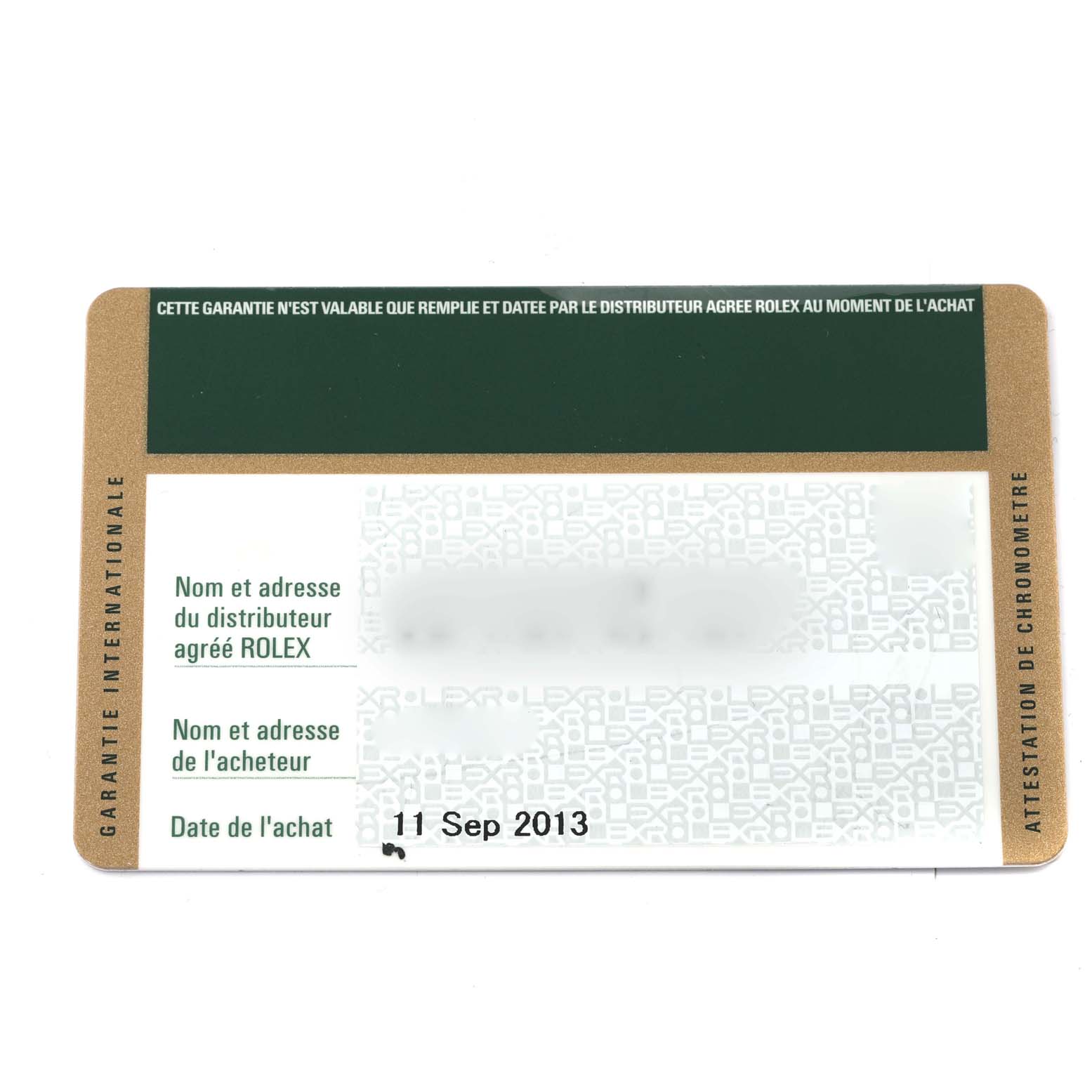 The image shows an international guarantee card for a Rolex Oyster Perpetual 176200 Women's Stainless Steel Silver Dial 176200 Women's Stainless Steel Silver Dial watch, including purchase date and distributor details.