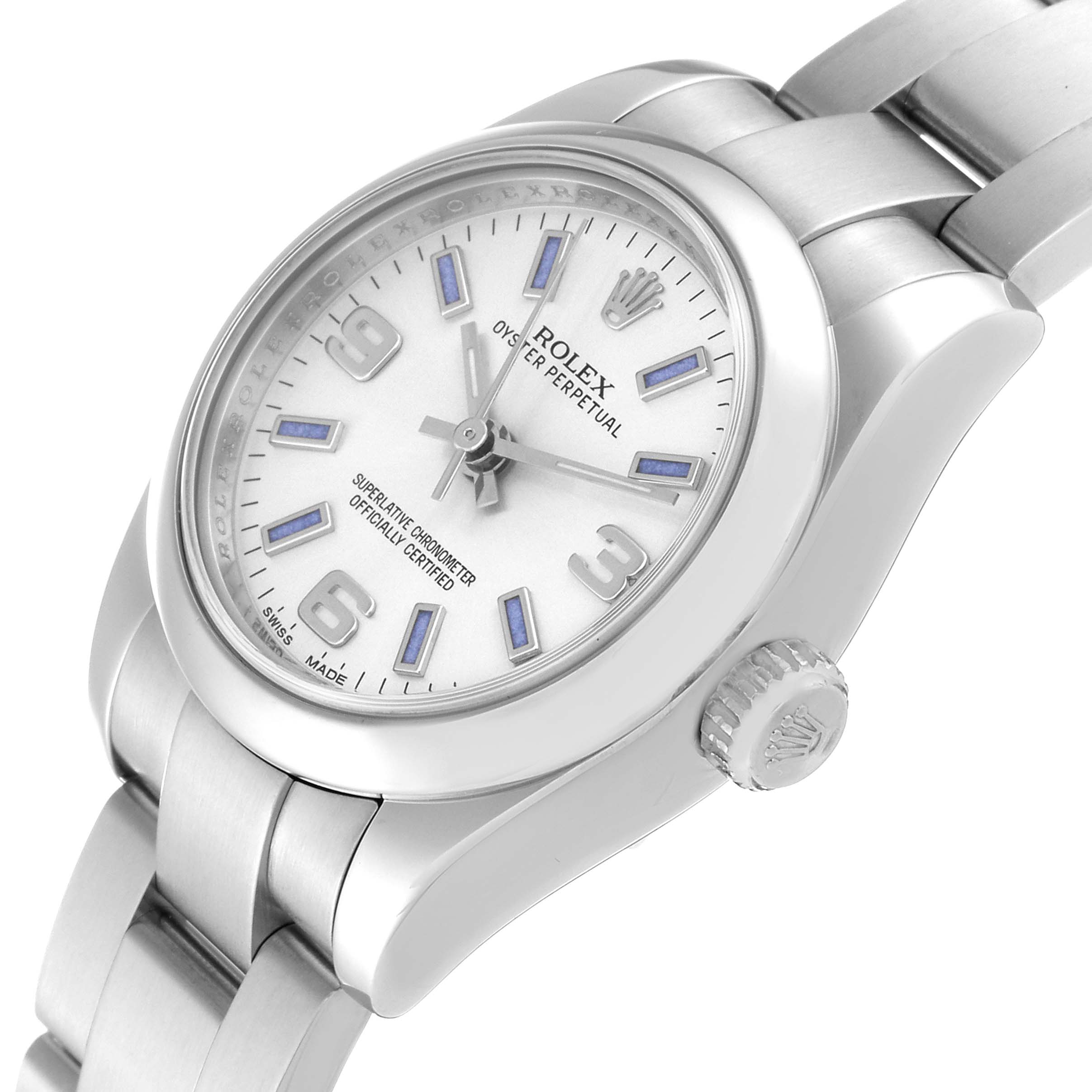 This image shows the Rolex Oyster Perpetual 176200 Women's Stainless Steel Silver Dial 176200 Women's Stainless Steel Silver Dial watch from an angled view, highlighting its face, dial, bezel, crown, and part of the bracelet.