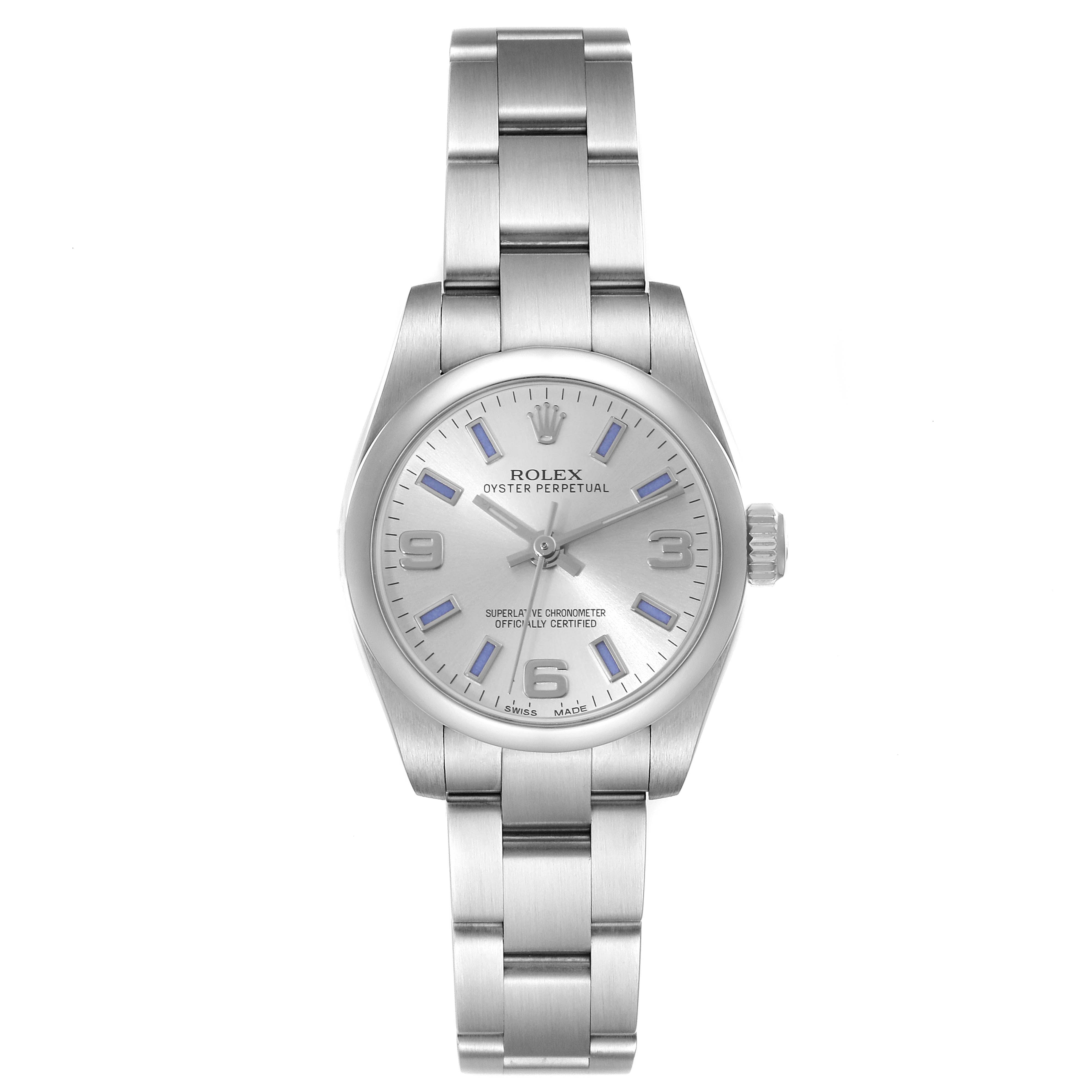 This image shows a front view of a Rolex Oyster Perpetual 176200 Women's Stainless Steel Silver Dial 176200 Women's Stainless Steel Silver Dial watch, displaying the dial, bracelet, and crown.