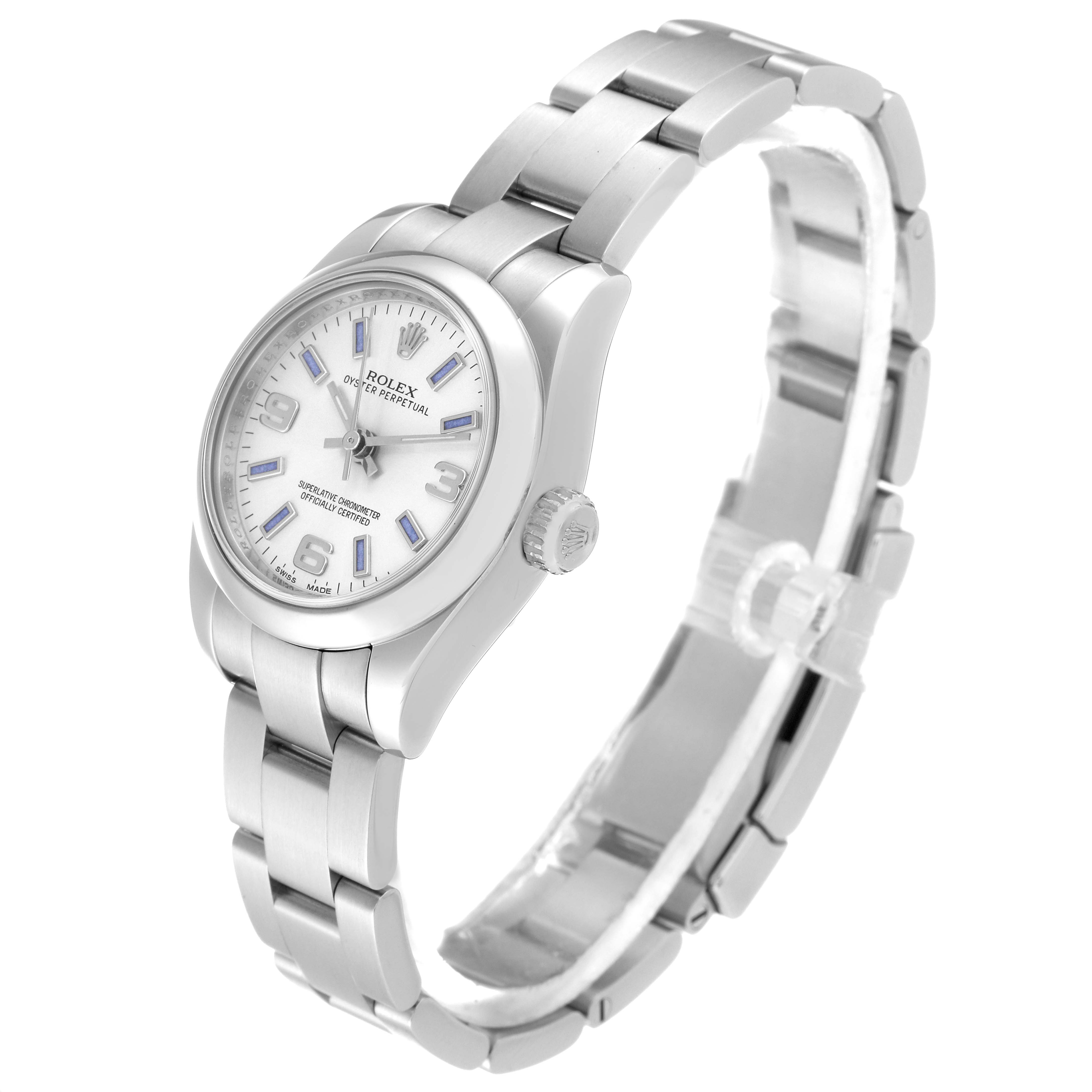 The image shows a side-angle view of a Rolex Oyster Perpetual 176200 Women's Stainless Steel Silver Dial 176200 Women's Stainless Steel Silver Dial watch, highlighting its bracelet, case, and dial.