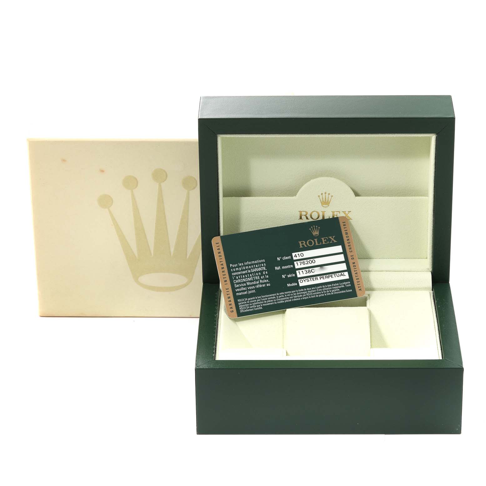 The image shows an open box and certification card for the Rolex Oyster Perpetual 176200 Women's Stainless Steel Silver Dial 176200 Women's Stainless Steel Silver Dial watch.