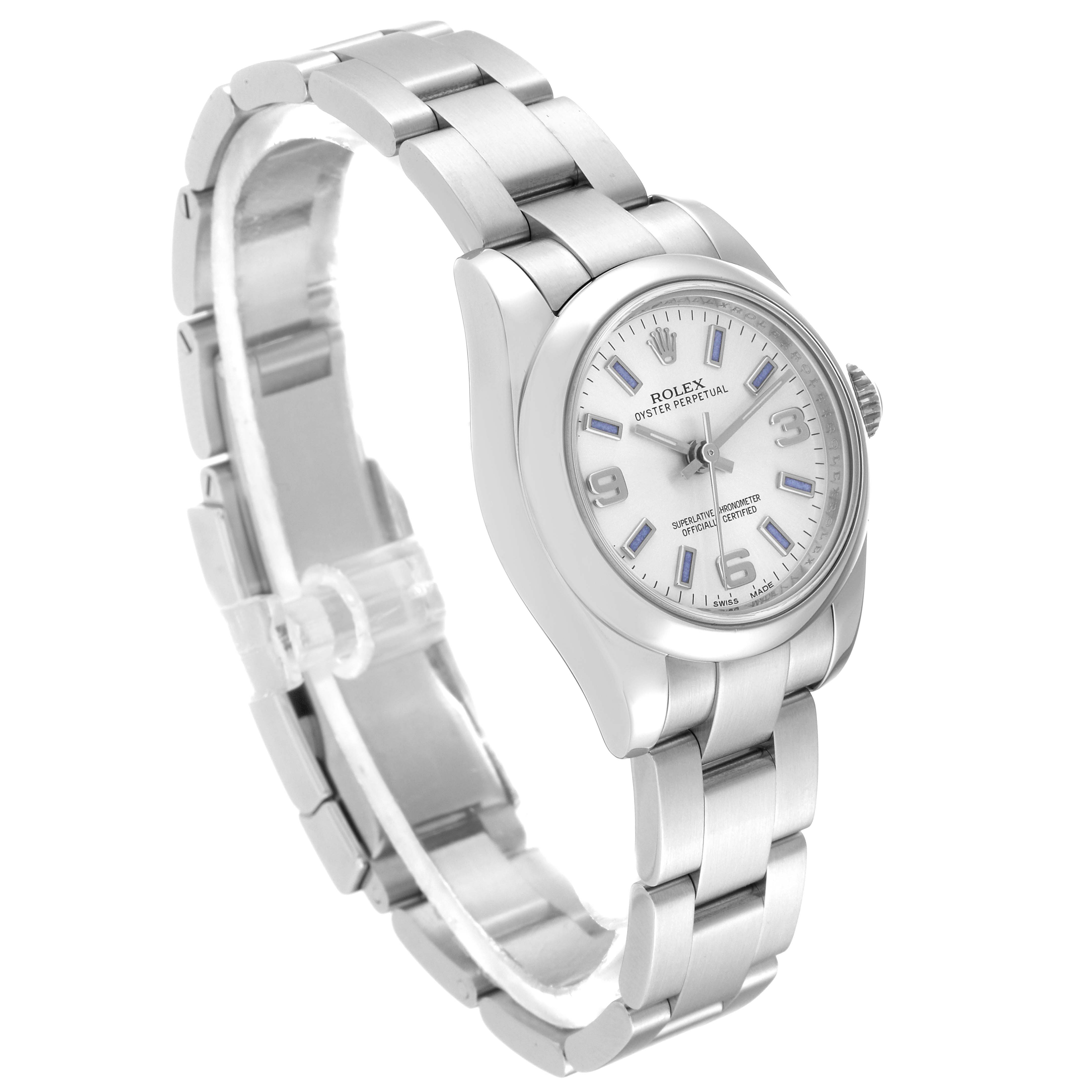 The Rolex Oyster Perpetual 176200 Women's Stainless Steel Silver Dial 176200 Women's Stainless Steel Silver Dial watch is shown at a slight angle, displaying the face, crown, and the bracelet links.