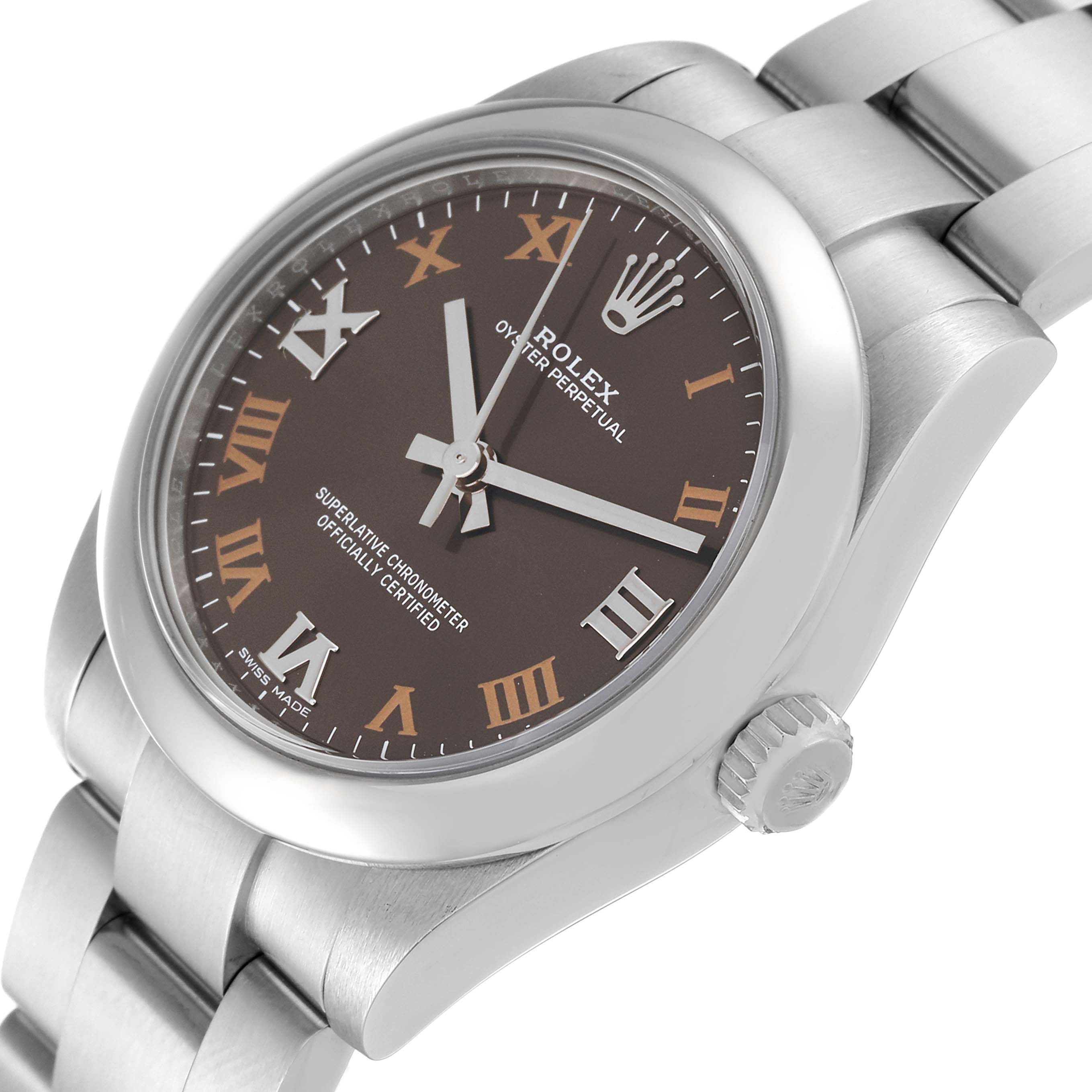 The image shows a Mid-Size Rolex watch with a brown dial at an angled side view displaying the case, crown, and part of the bracelet.