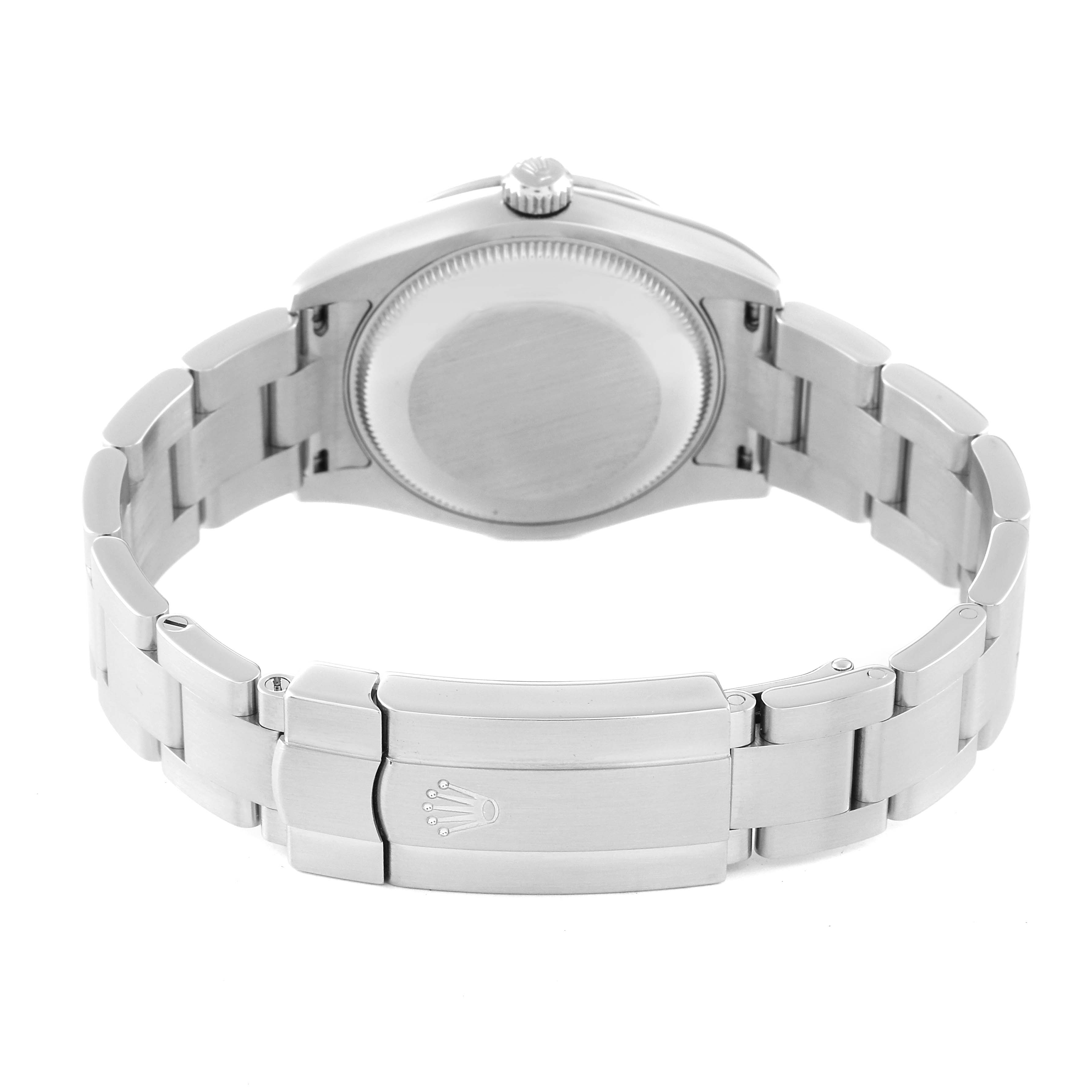 The image shows the back view of a Rolex Mid-Size 177200 Women's Stainless Steel Grey Dial 177200 Women's Stainless Steel Grey Dial watch, highlighting the bracelet and clasp.