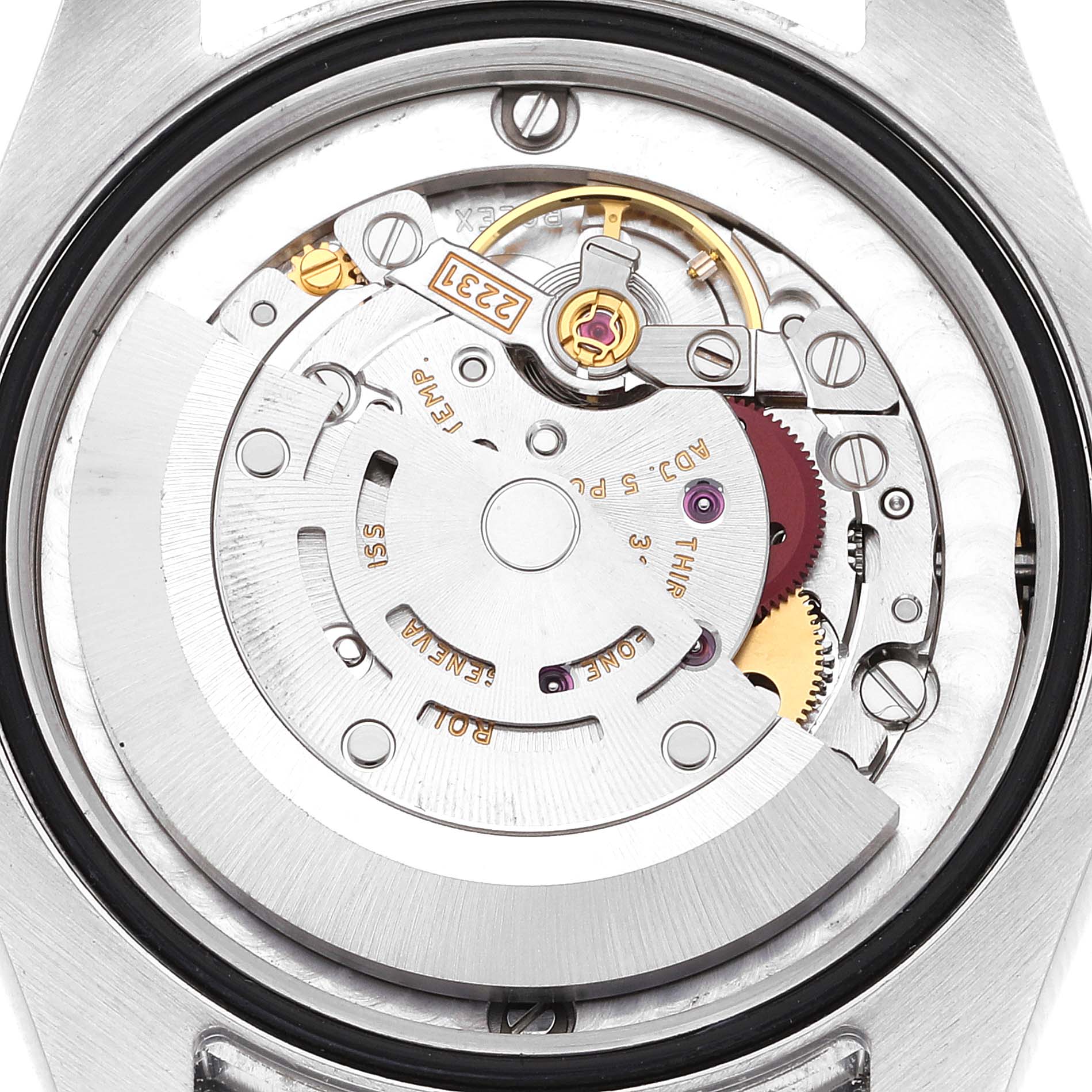 The image shows the internal mechanism of a Rolex Mid-Size 177200 Women's Stainless Steel Grey Dial 177200 Women's Stainless Steel Grey Dial watch, viewed from the back with its case removed.